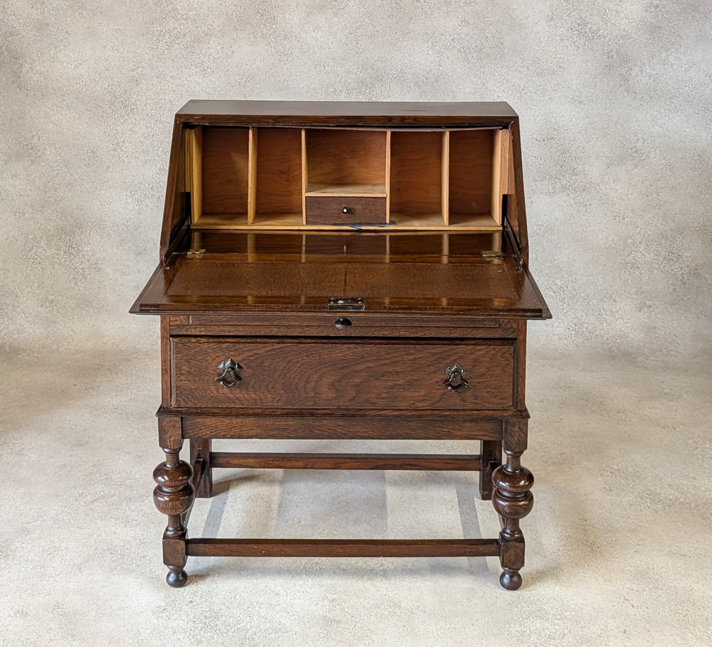 Antique Early 20th Century Jacobean Style Oak Bureau Drop Front Writing Desk