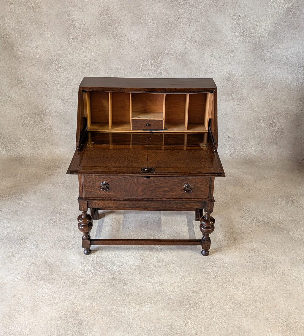 Antique Early 20th Century Jacobean Style Oak Bureau Drop Front Writing Desk