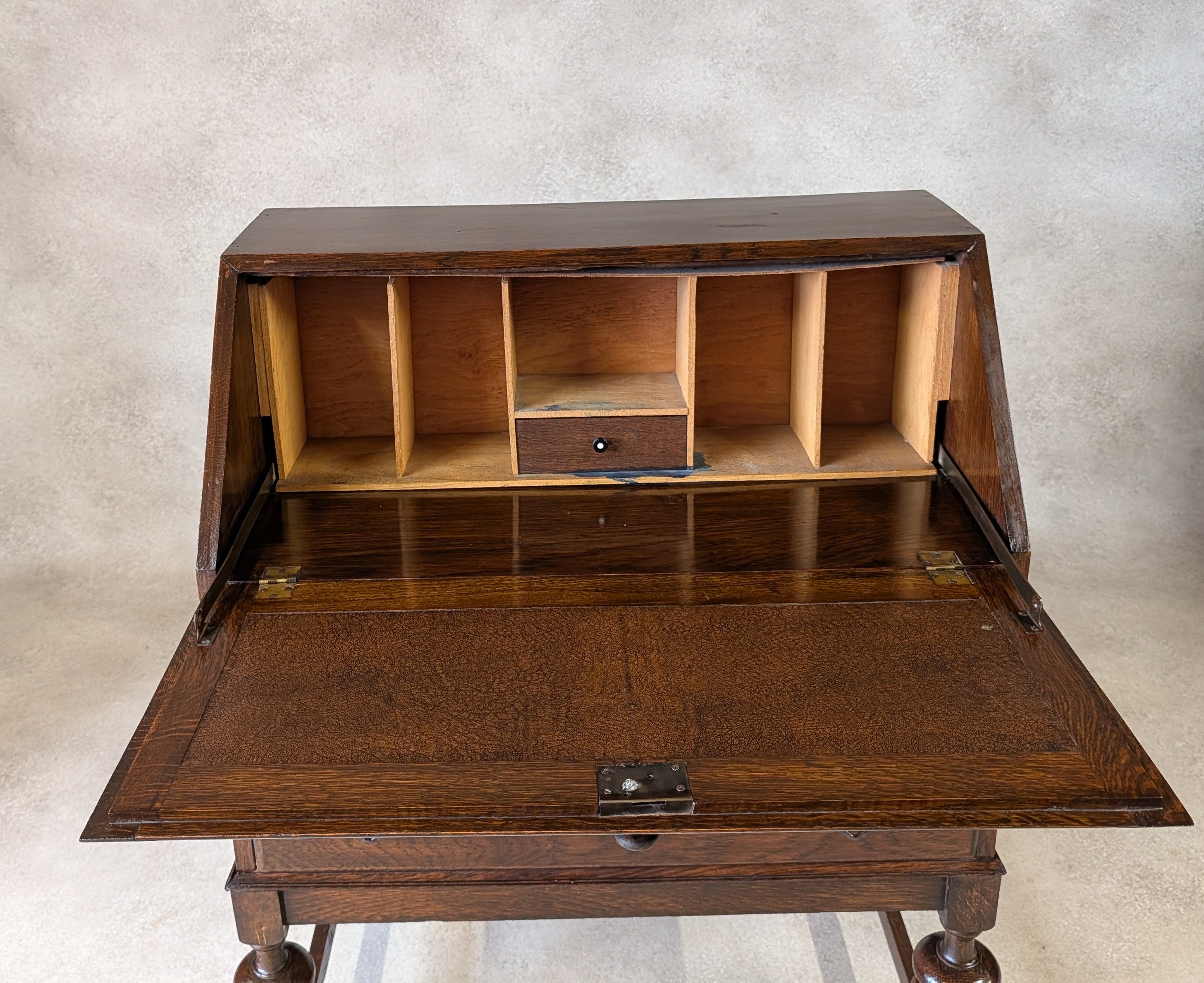 Antique Early 20th Century Jacobean Style Oak Bureau Drop Front Writing Desk