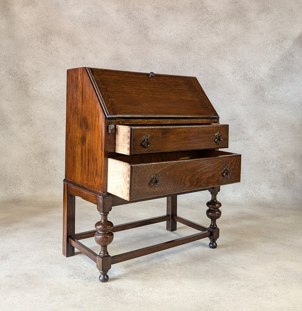 Antique Early 20th Century Jacobean Style Oak Bureau Drop Front Writing Desk