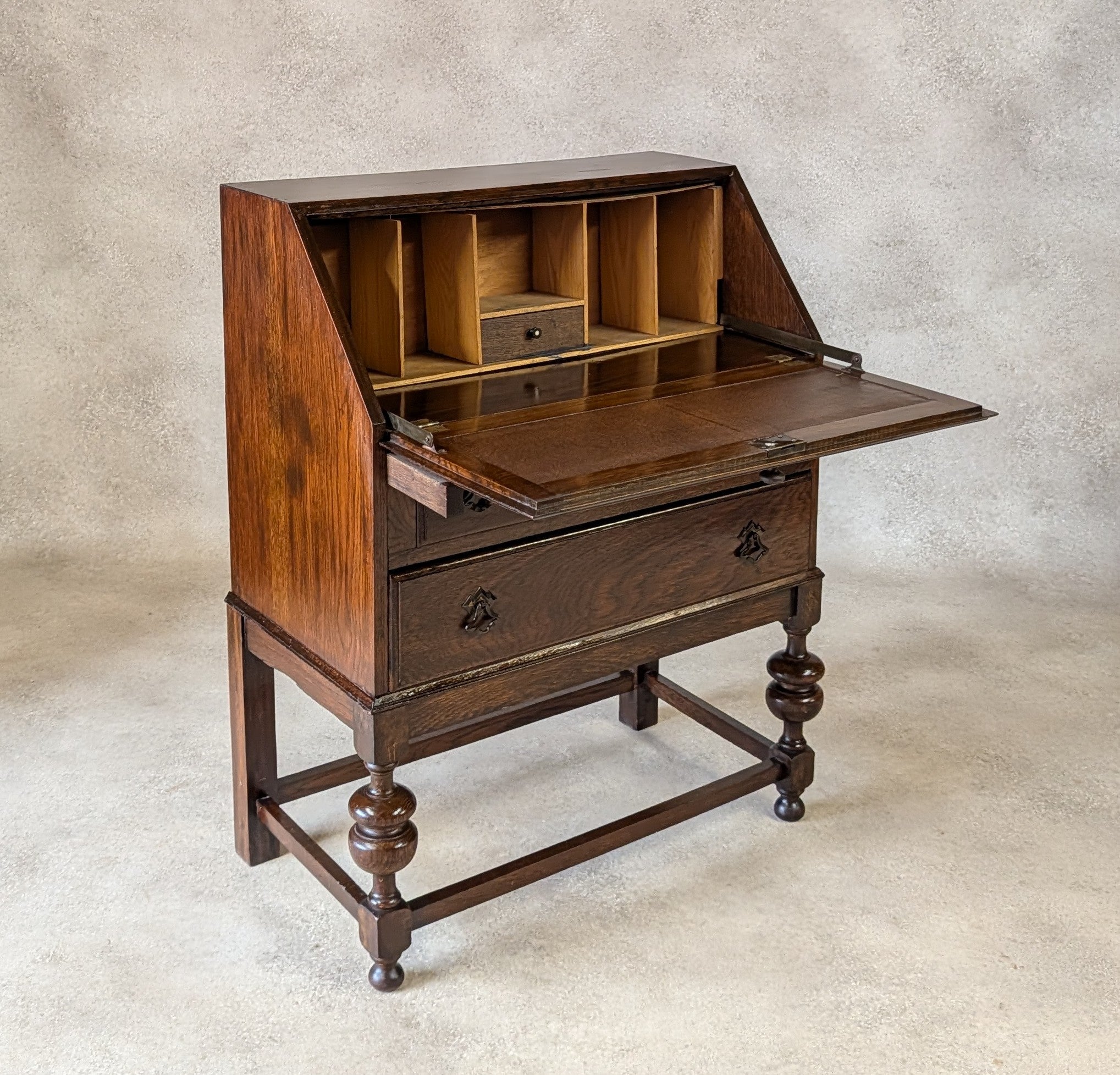 Antique Early 20th Century Jacobean Style Oak Bureau Drop Front Writing Desk