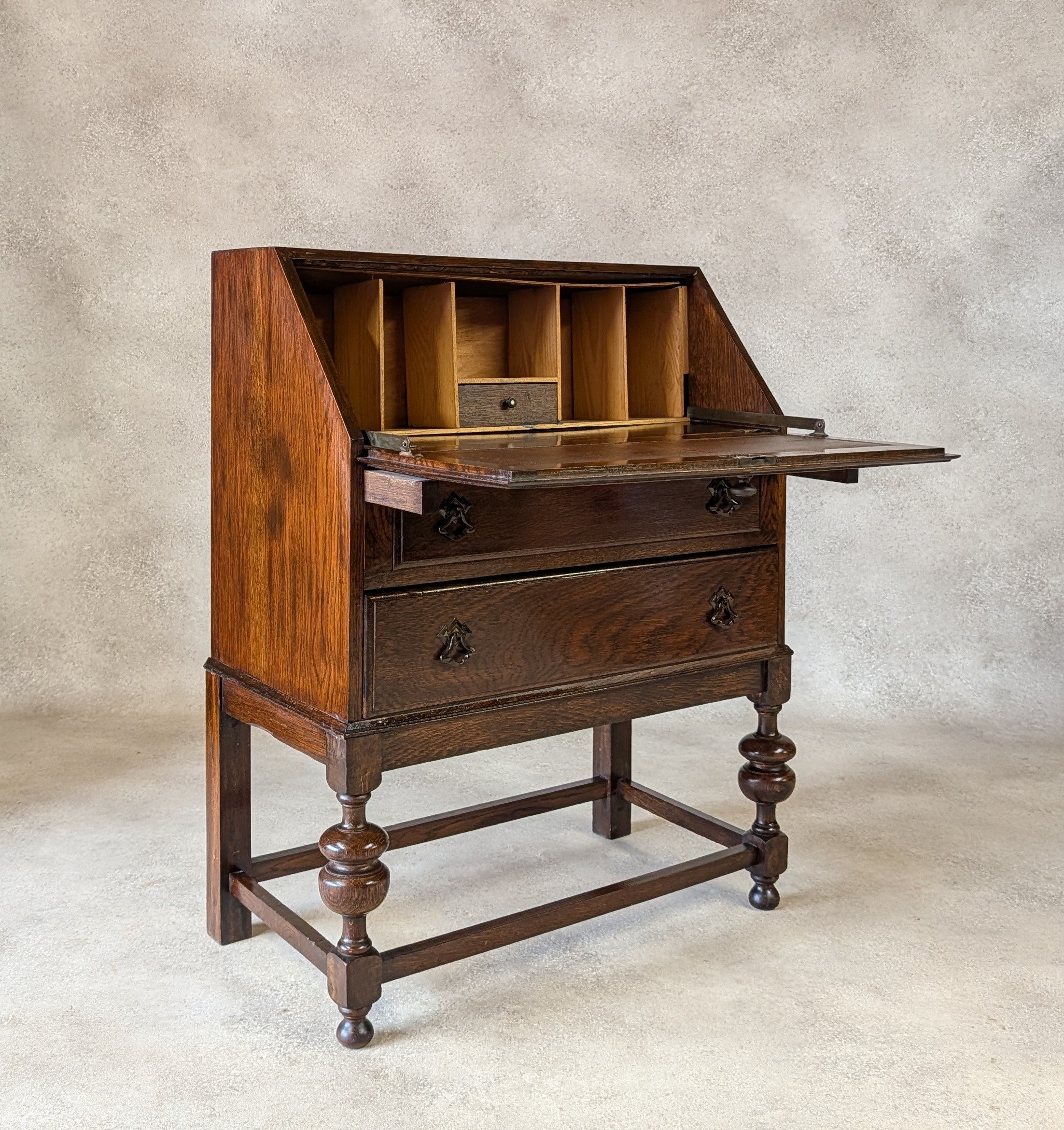 Antique Early 20th Century Jacobean Style Oak Bureau Drop Front Writing Desk