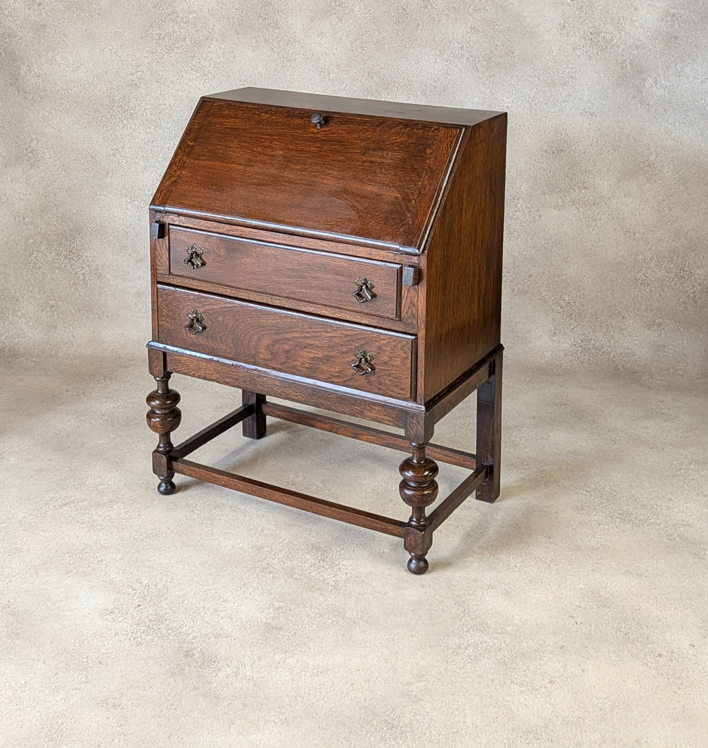 Antique Early 20th Century Jacobean Style Oak Bureau Drop Front Writing Desk