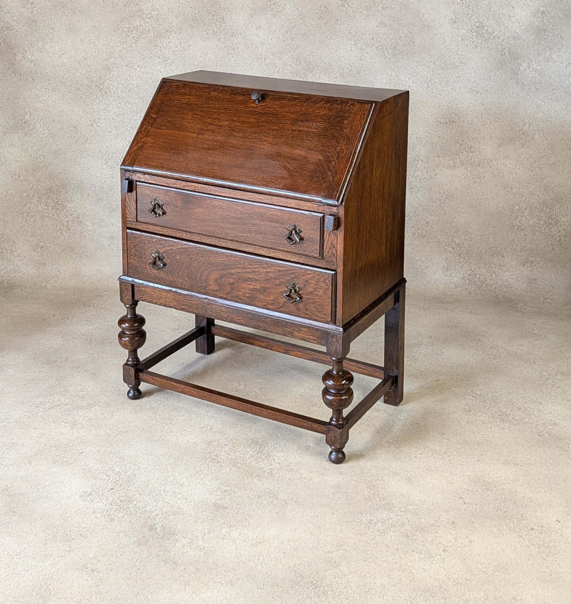 Antique Early 20th Century Jacobean Style Oak Bureau Drop Front Writing Desk