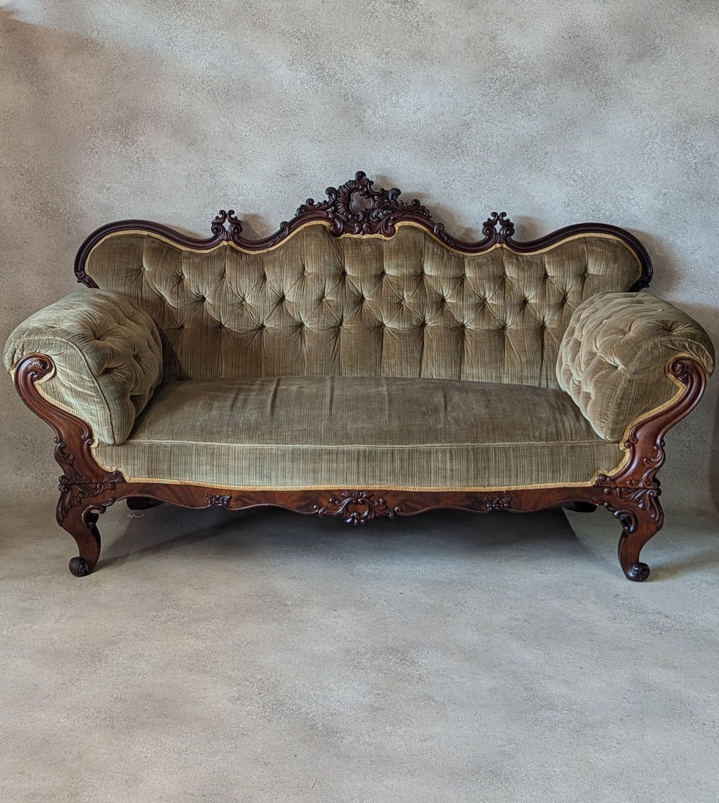 Antique Victorian Rococo Revival Mahogany Sofa Carved Scroll Arm Parlour Settee
