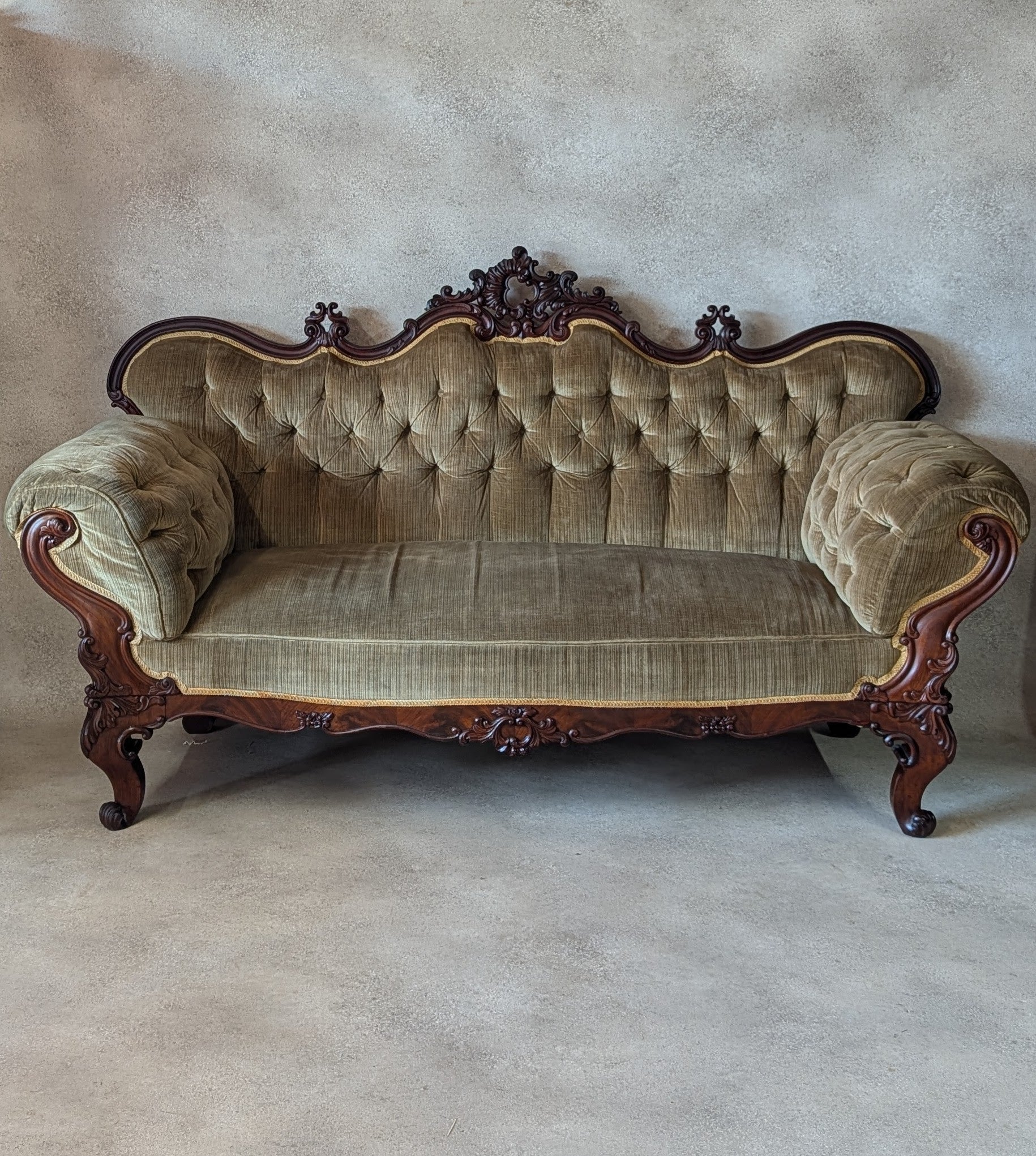 Antique Victorian Rococo Revival Mahogany Sofa Carved Scroll Arm Parlour Settee