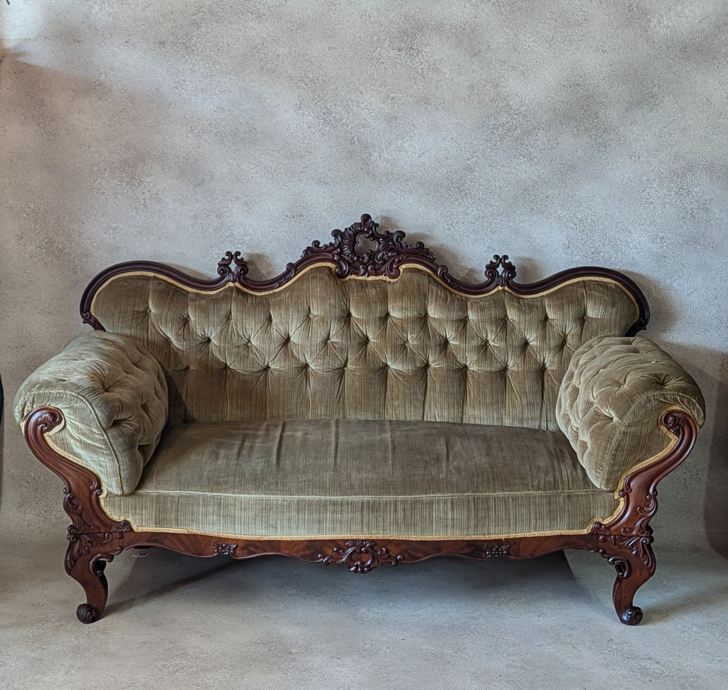 Antique Victorian Rococo Revival Mahogany Sofa Carved Scroll Arm Parlour Settee