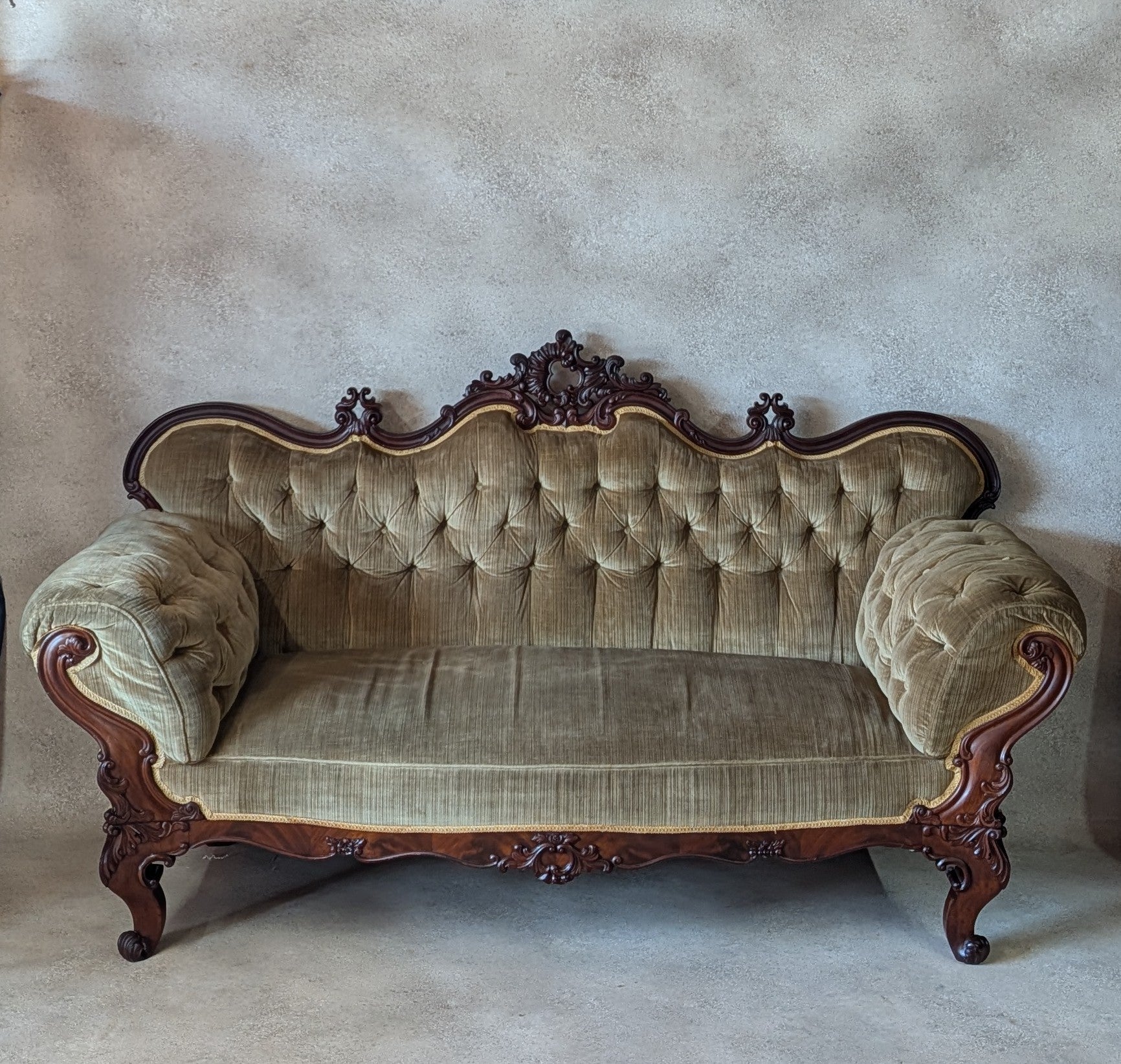 Antique Victorian Rococo Revival Mahogany Sofa Carved Scroll Arm Parlour Settee