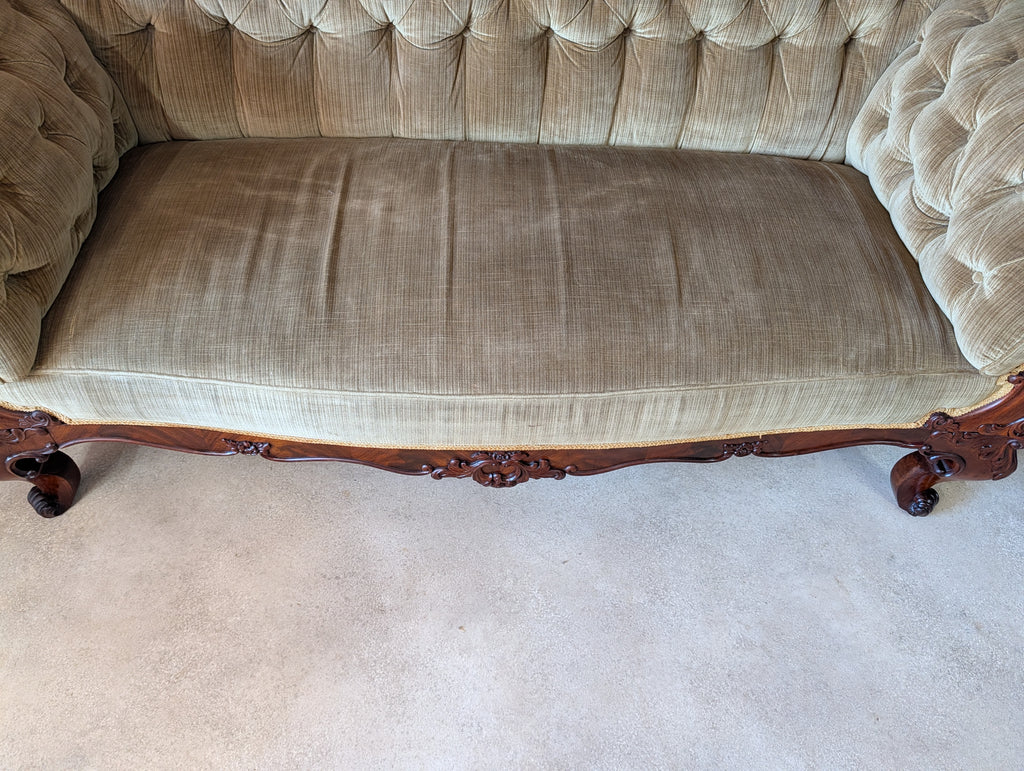 Antique Victorian Rococo Revival Mahogany Sofa Carved Scroll Arm Parlour Settee