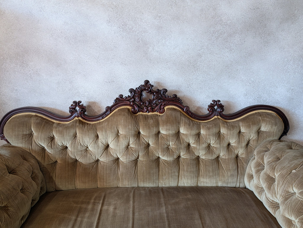 Antique Victorian Rococo Revival Mahogany Sofa Carved Scroll Arm Parlour Settee