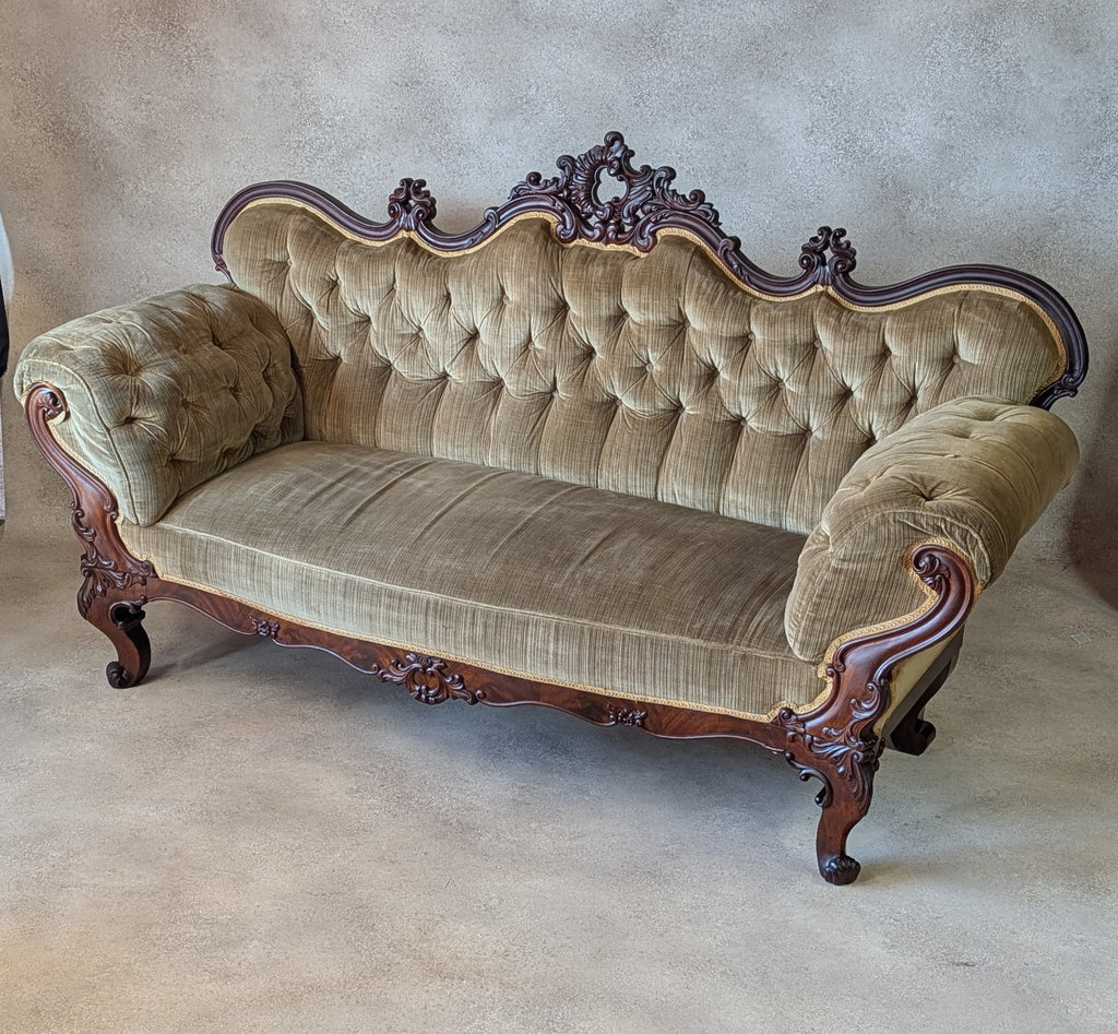 Antique Victorian Rococo Revival Mahogany Sofa Carved Scroll Arm Parlour Settee