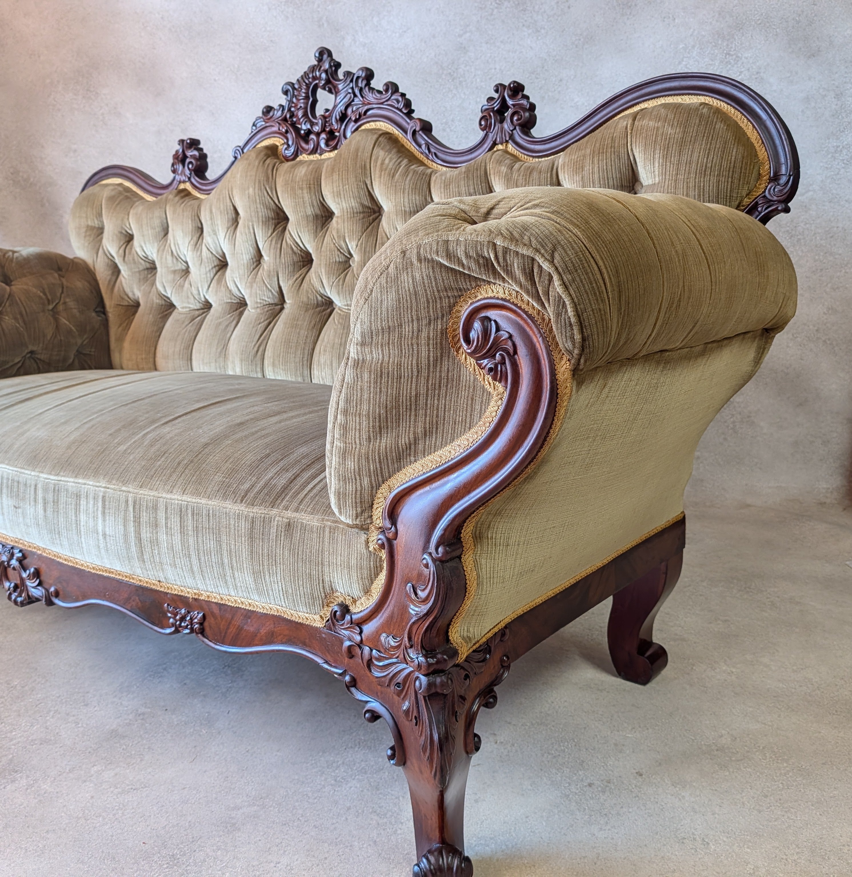 Antique Victorian Rococo Revival Mahogany Sofa Carved Scroll Arm Parlour Settee