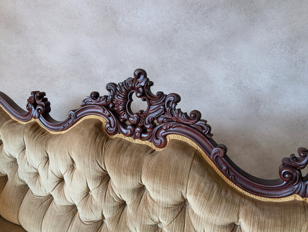 Antique Victorian Rococo Revival Mahogany Sofa Carved Scroll Arm Parlour Settee