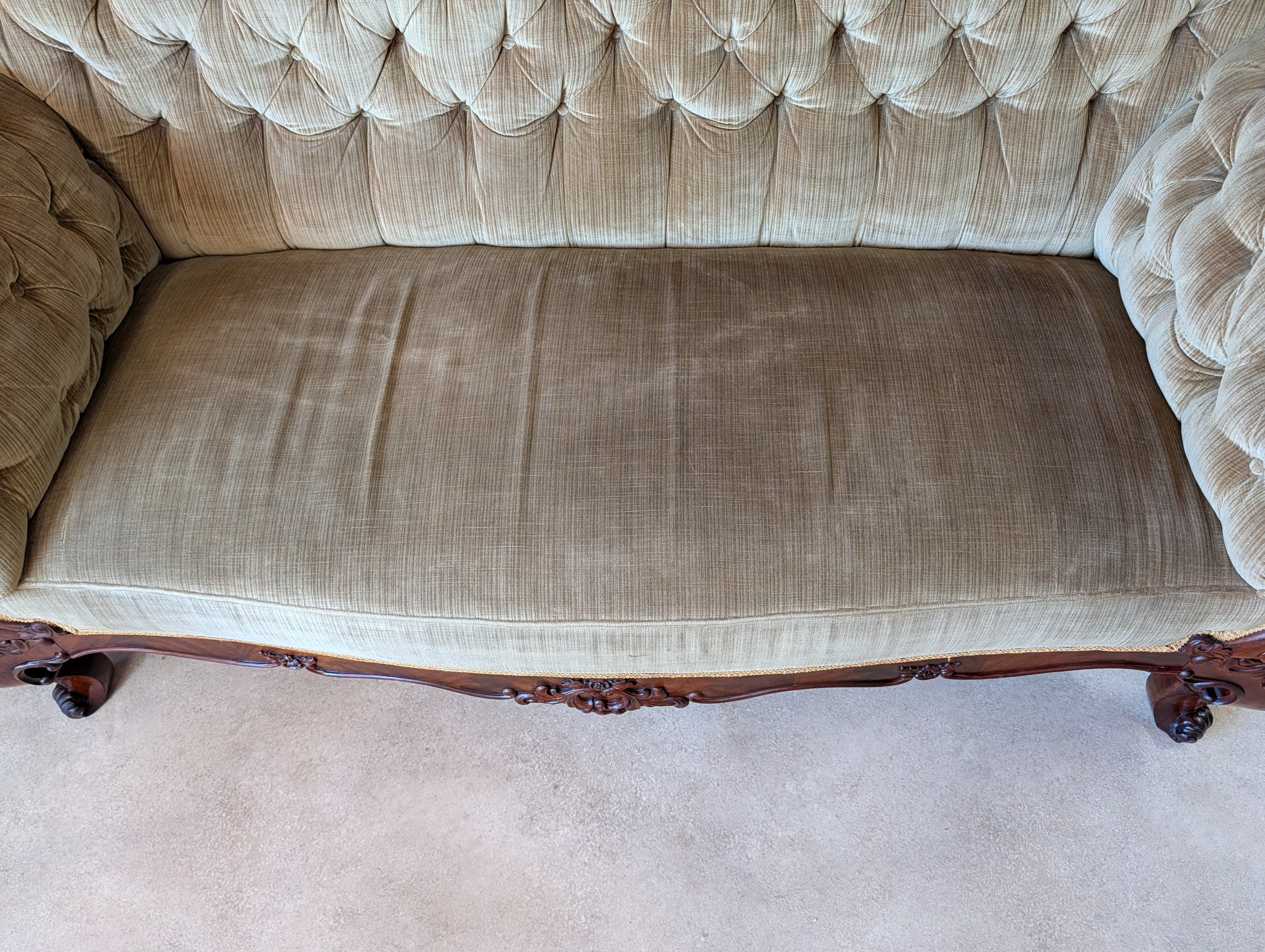 Antique Victorian Rococo Revival Mahogany Sofa Carved Scroll Arm Parlour Settee