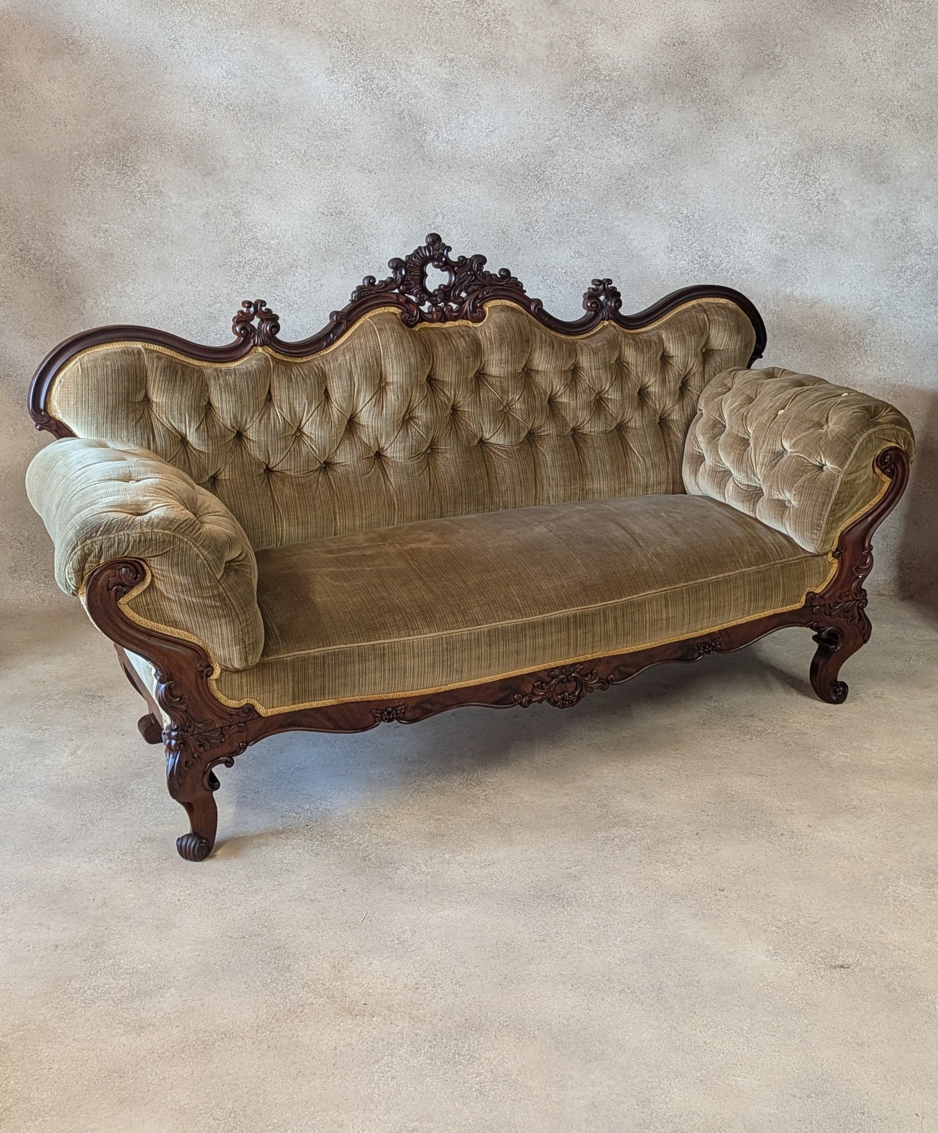 Antique Victorian Rococo Revival Mahogany Sofa Carved Scroll Arm Parlour Settee