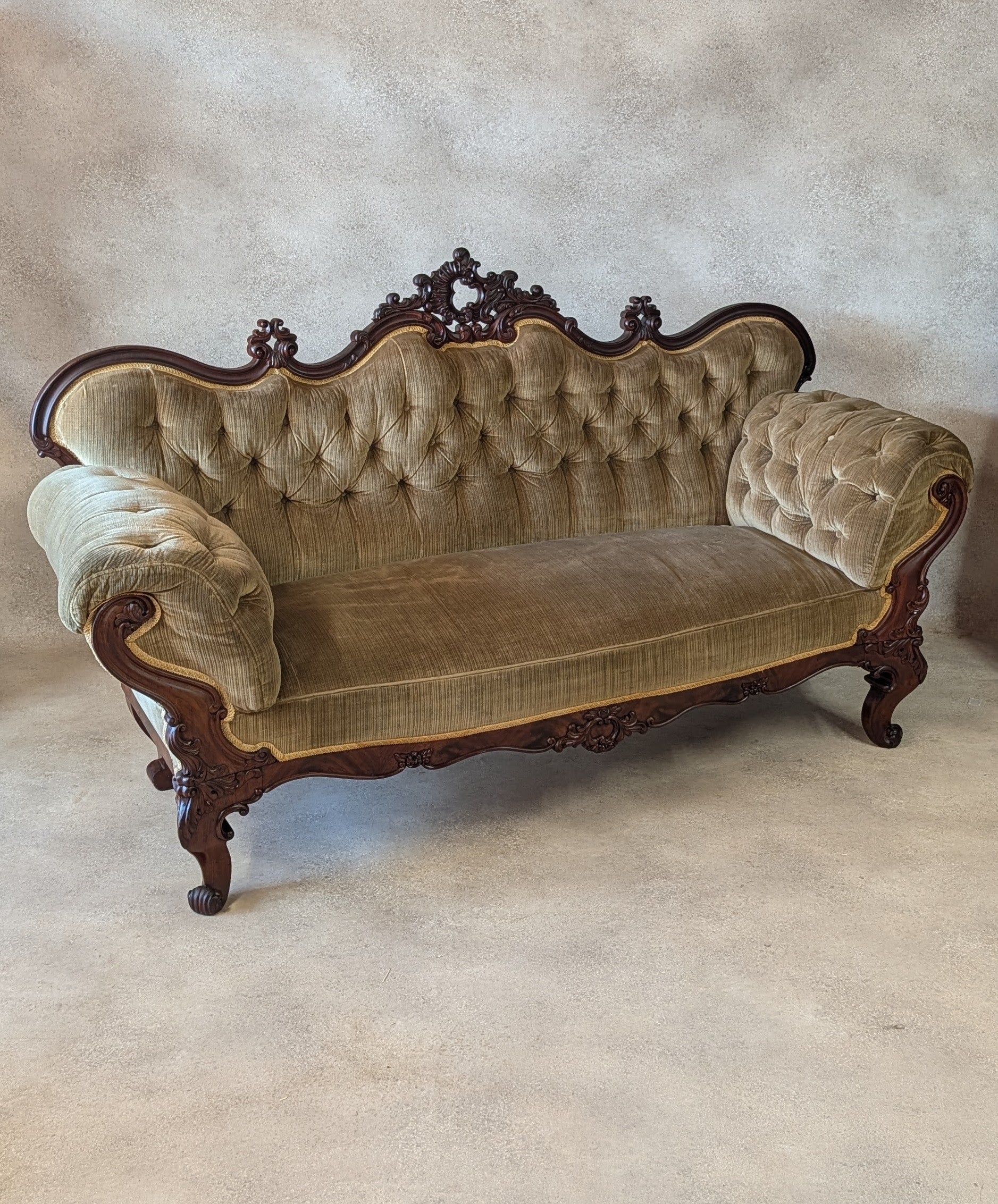 Antique Victorian Rococo Revival Mahogany Sofa Carved Scroll Arm Parlour Settee