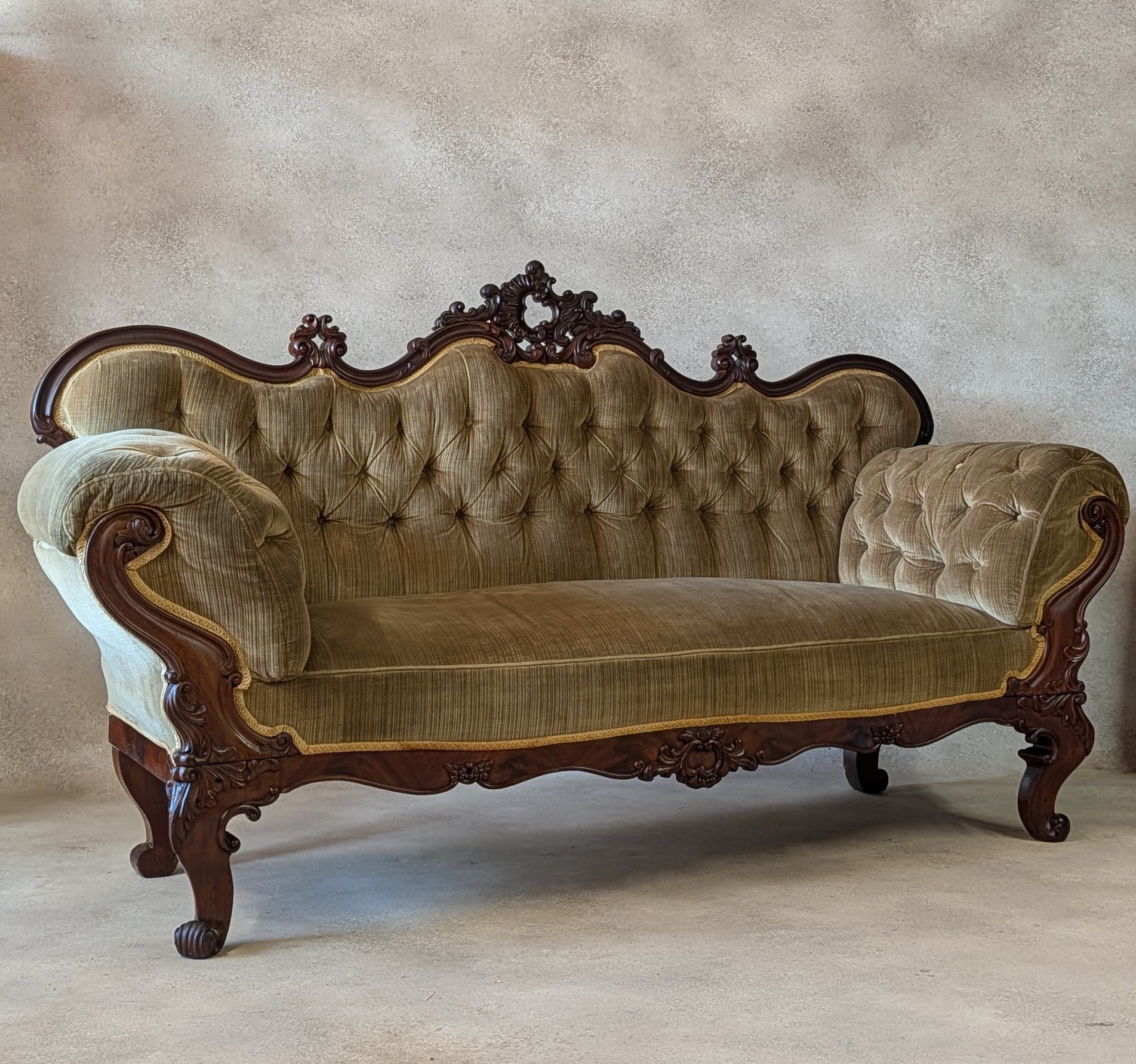 Antique Victorian Rococo Revival Mahogany Sofa Carved Scroll Arm Parlour Settee