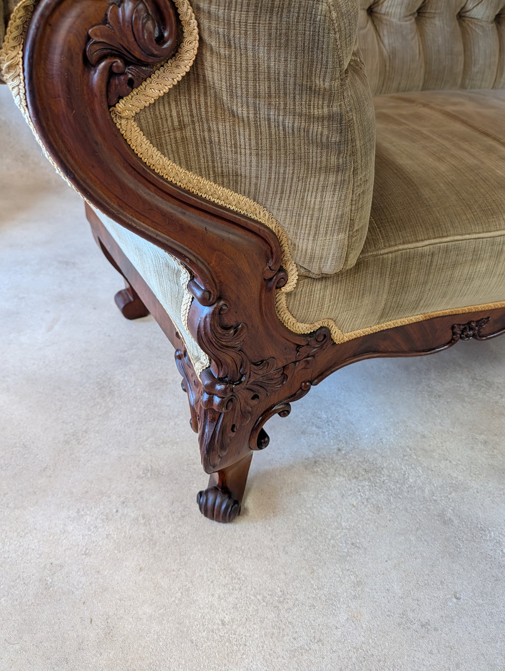Antique Victorian Rococo Revival Mahogany Sofa Carved Scroll Arm Parlour Settee