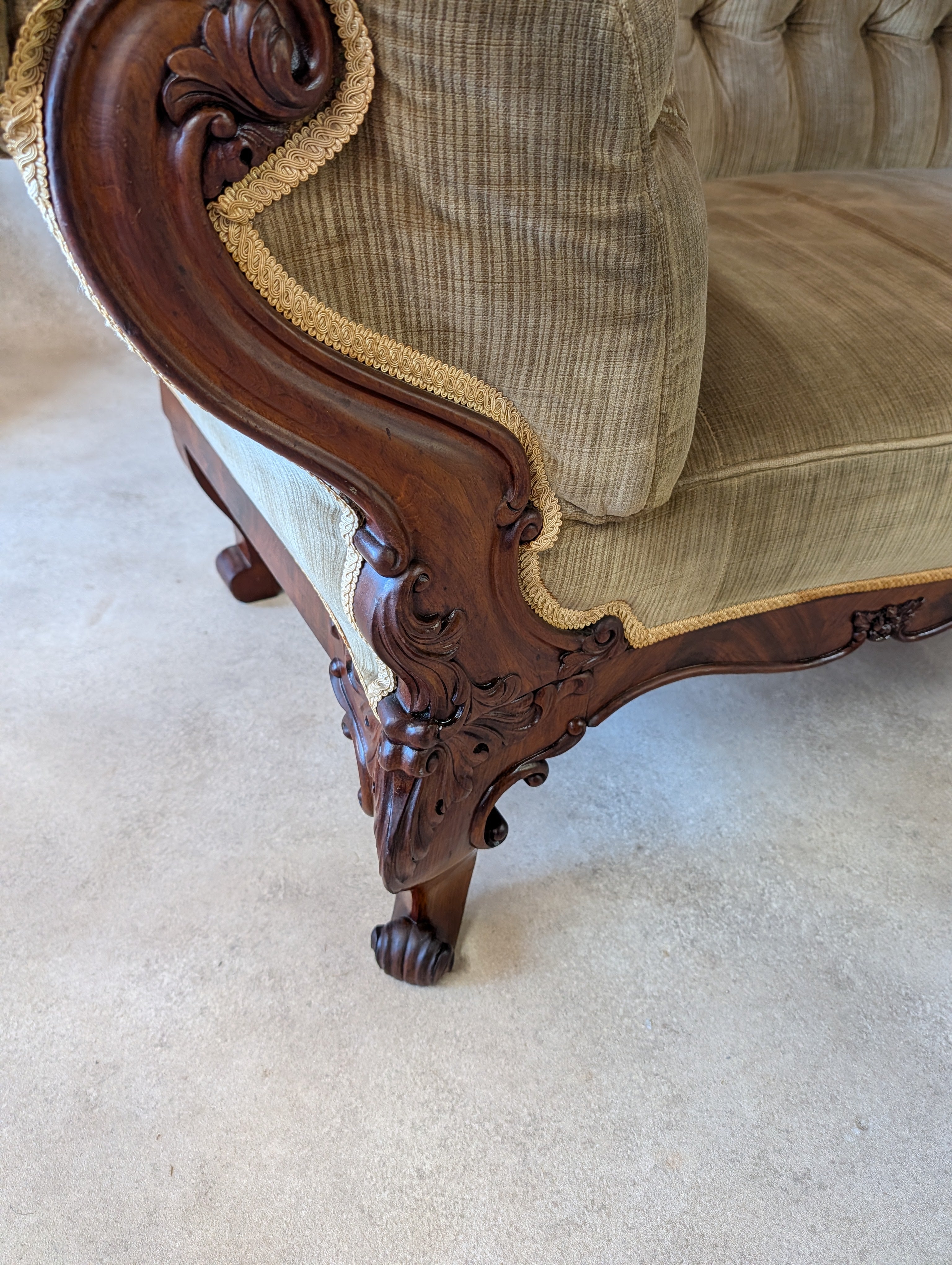 Antique Victorian Rococo Revival Mahogany Sofa Carved Scroll Arm Parlour Settee