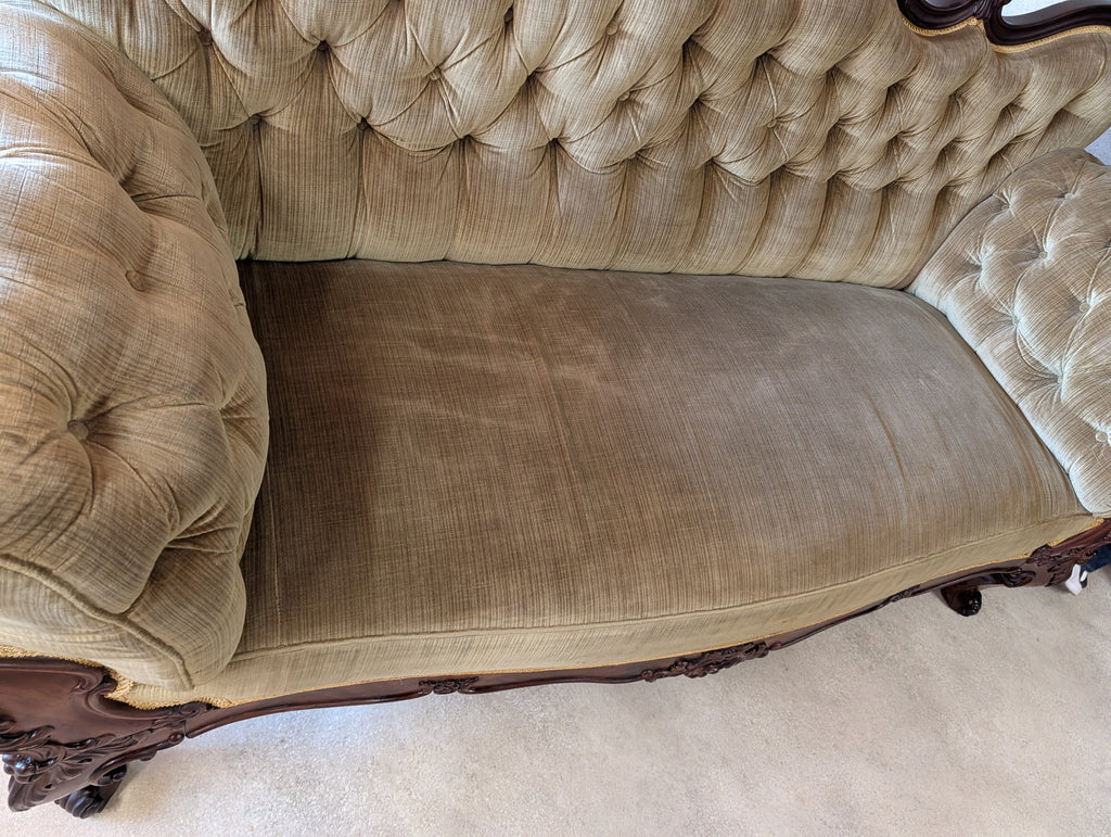 Antique Victorian Rococo Revival Mahogany Sofa Carved Scroll Arm Parlour Settee
