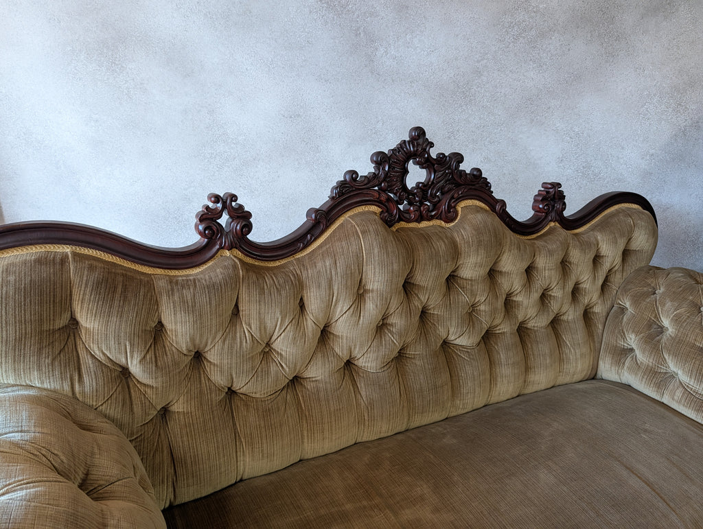 Antique Victorian Rococo Revival Mahogany Sofa Carved Scroll Arm Parlour Settee