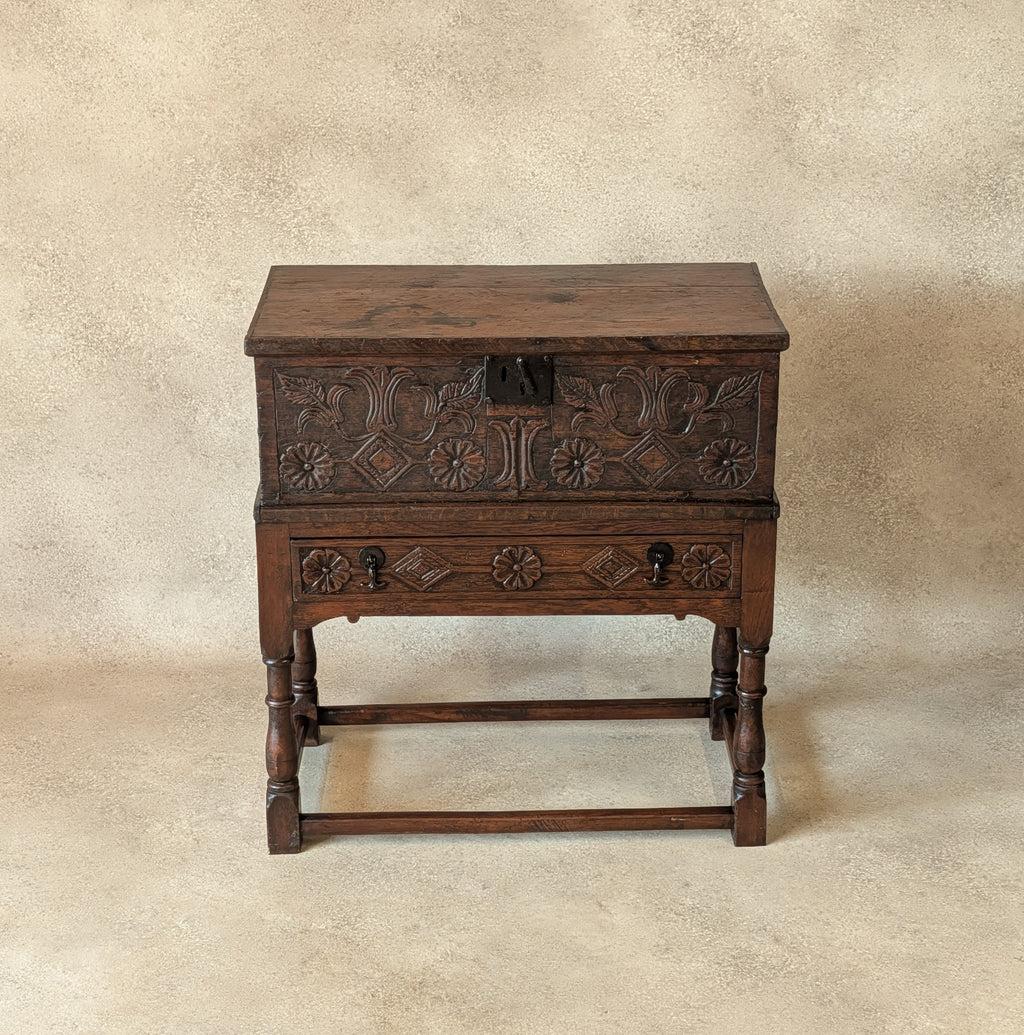 Antique Carved Oak Jacobean Revival / 17th Century Style Bible Box On Stand