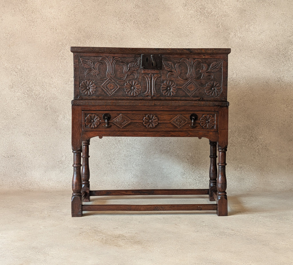 Antique Carved Oak Jacobean Revival / 17th Century Style Bible Box On Stand