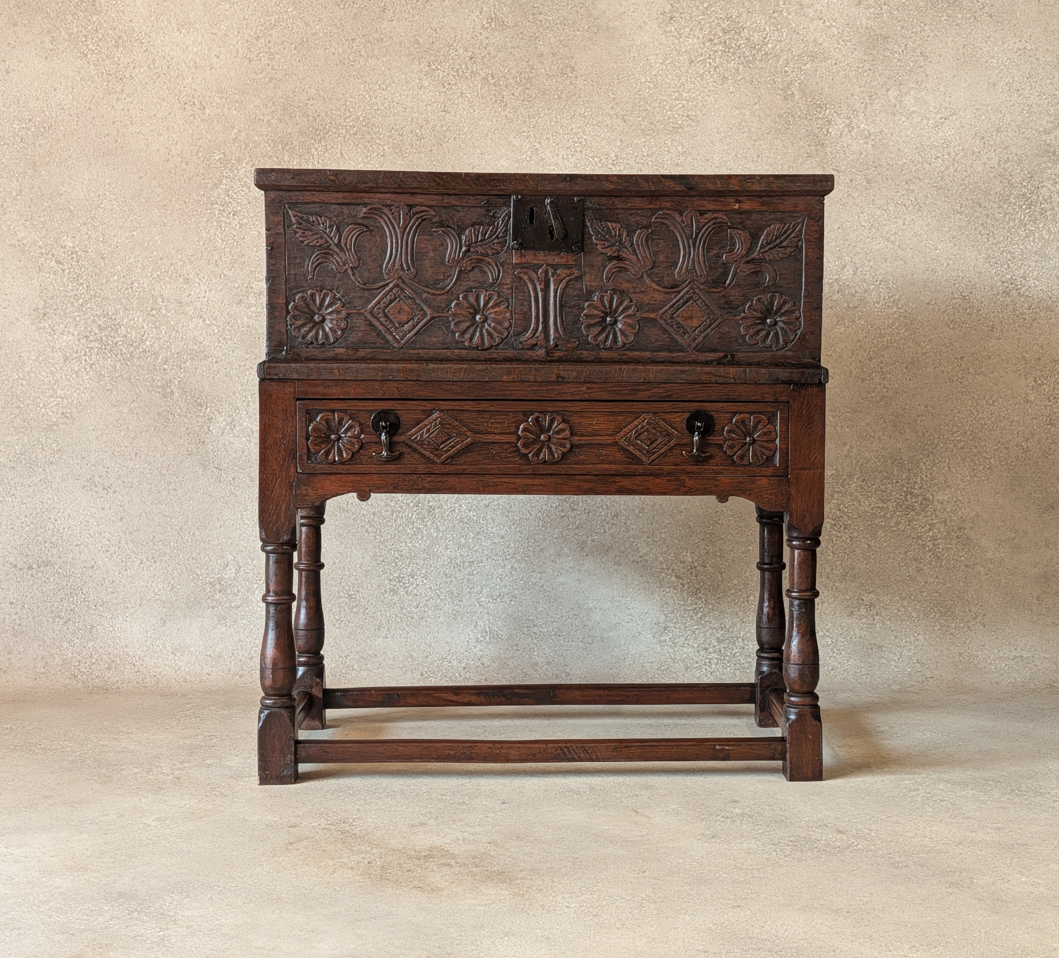 Antique Carved Oak Jacobean Revival / 17th Century Style Bible Box On Stand