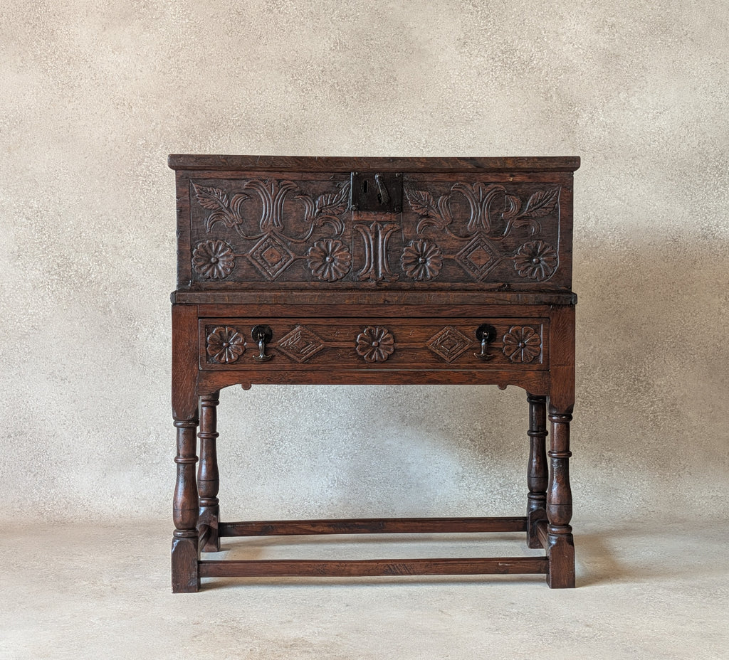 Antique Carved Oak Jacobean Revival / 17th Century Style Bible Box On Stand