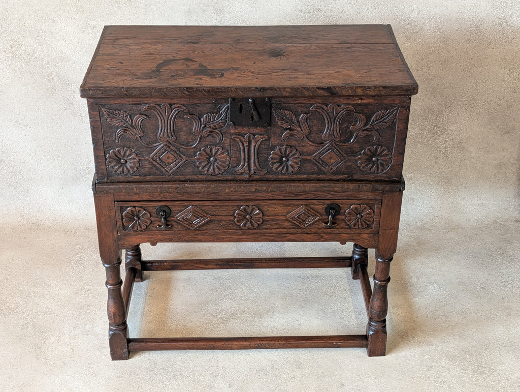 Antique Carved Oak Jacobean Revival / 17th Century Style Bible Box On Stand