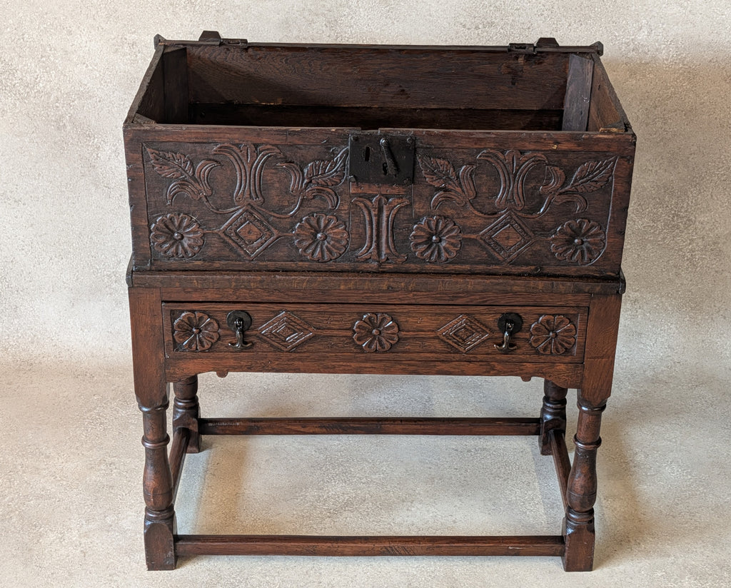 Antique Carved Oak Jacobean Revival / 17th Century Style Bible Box On Stand