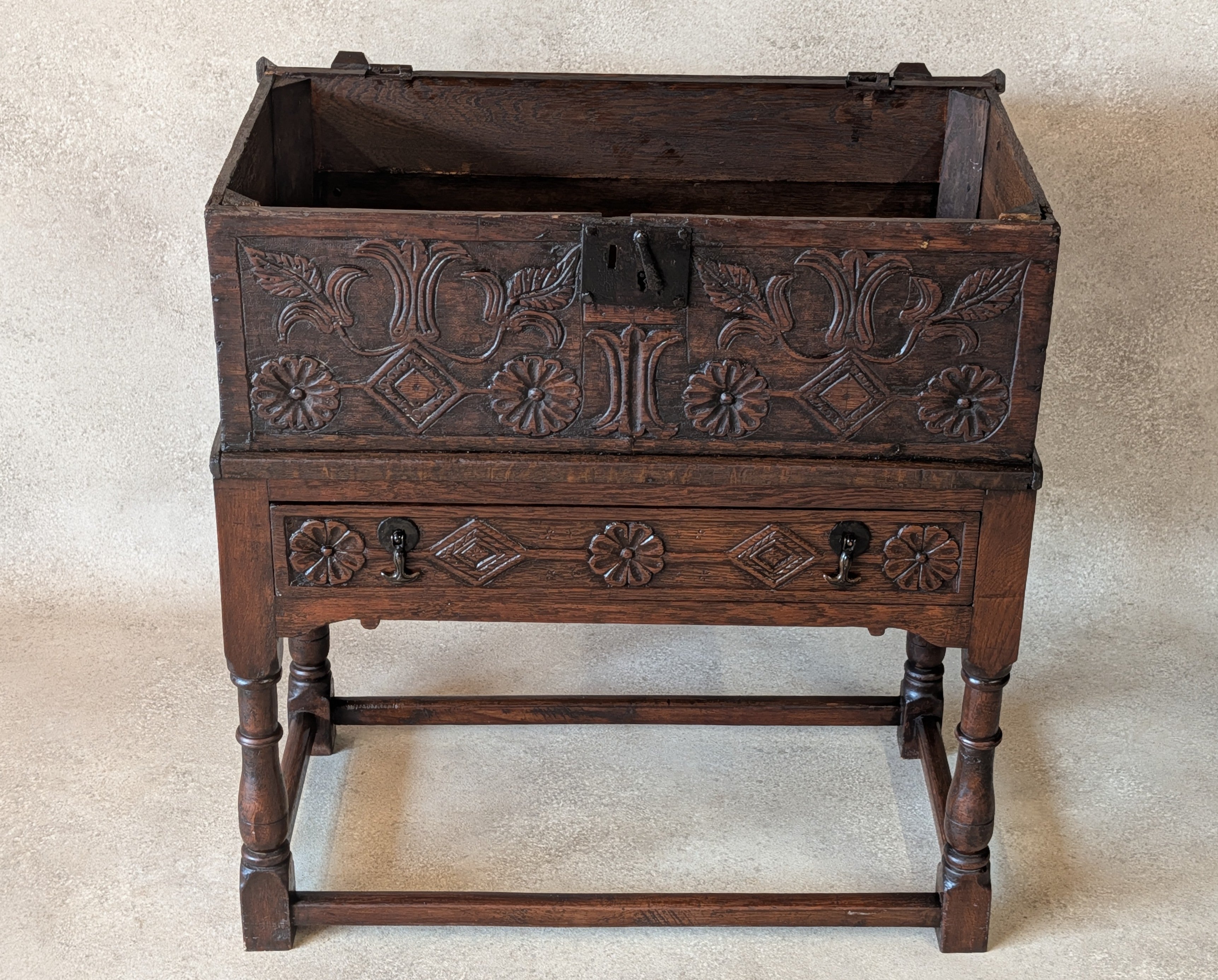 Antique Carved Oak Jacobean Revival / 17th Century Style Bible Box On Stand