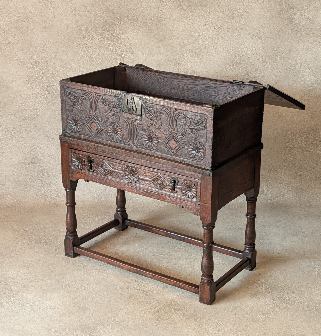 Antique Carved Oak Jacobean Revival / 17th Century Style Bible Box On Stand