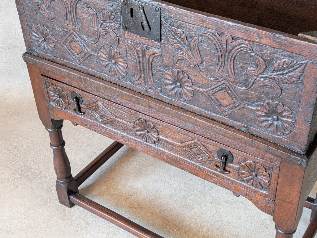 Antique Carved Oak Jacobean Revival / 17th Century Style Bible Box On Stand