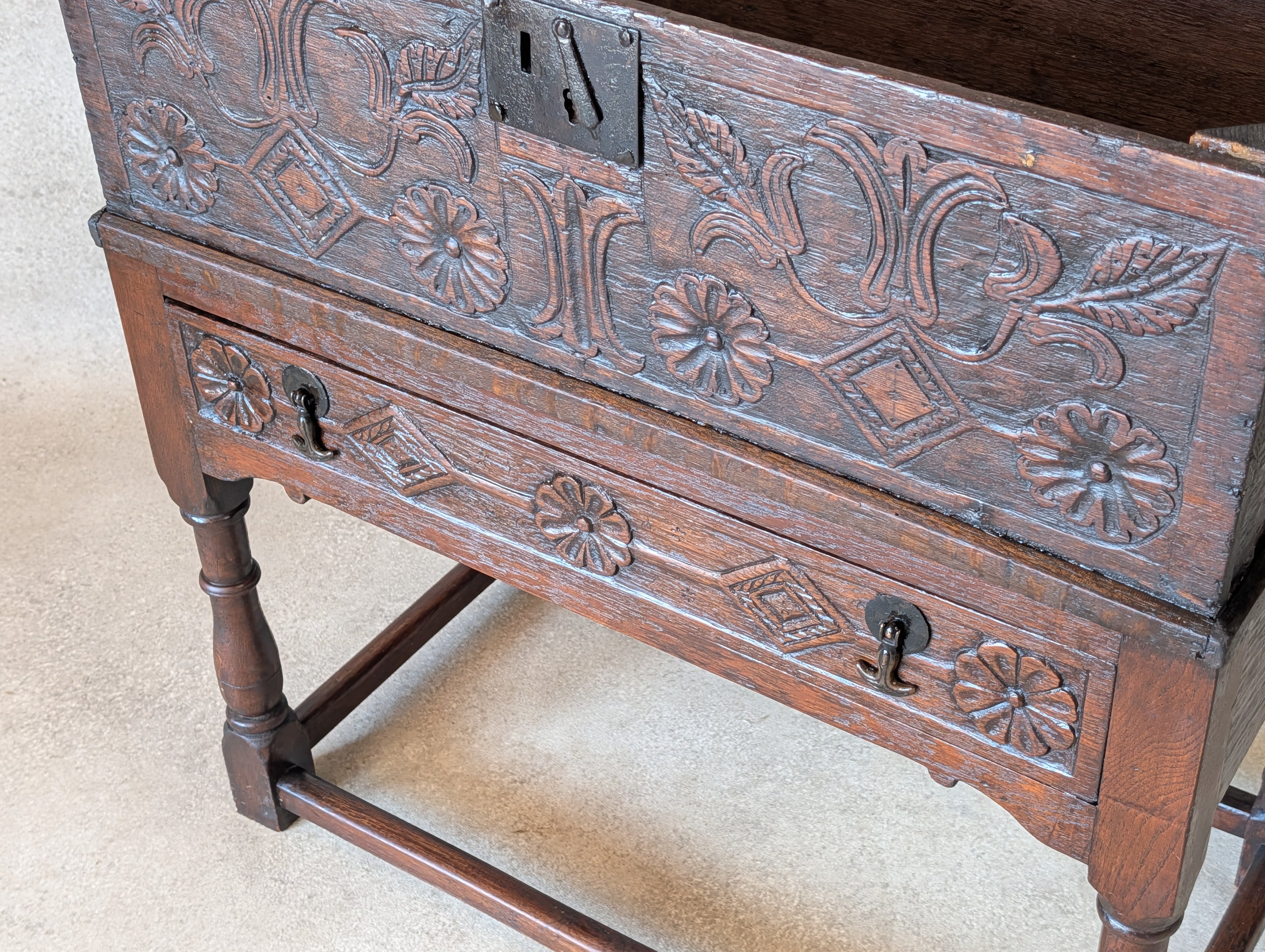 Antique Carved Oak Jacobean Revival / 17th Century Style Bible Box On Stand