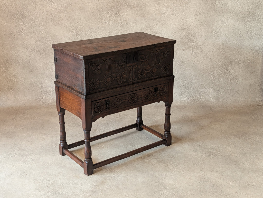 Antique Carved Oak Jacobean Revival / 17th Century Style Bible Box On Stand