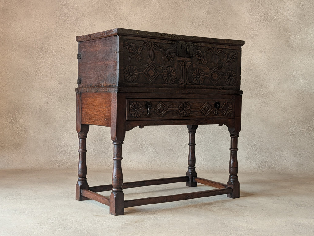Antique Carved Oak Jacobean Revival / 17th Century Style Bible Box On Stand