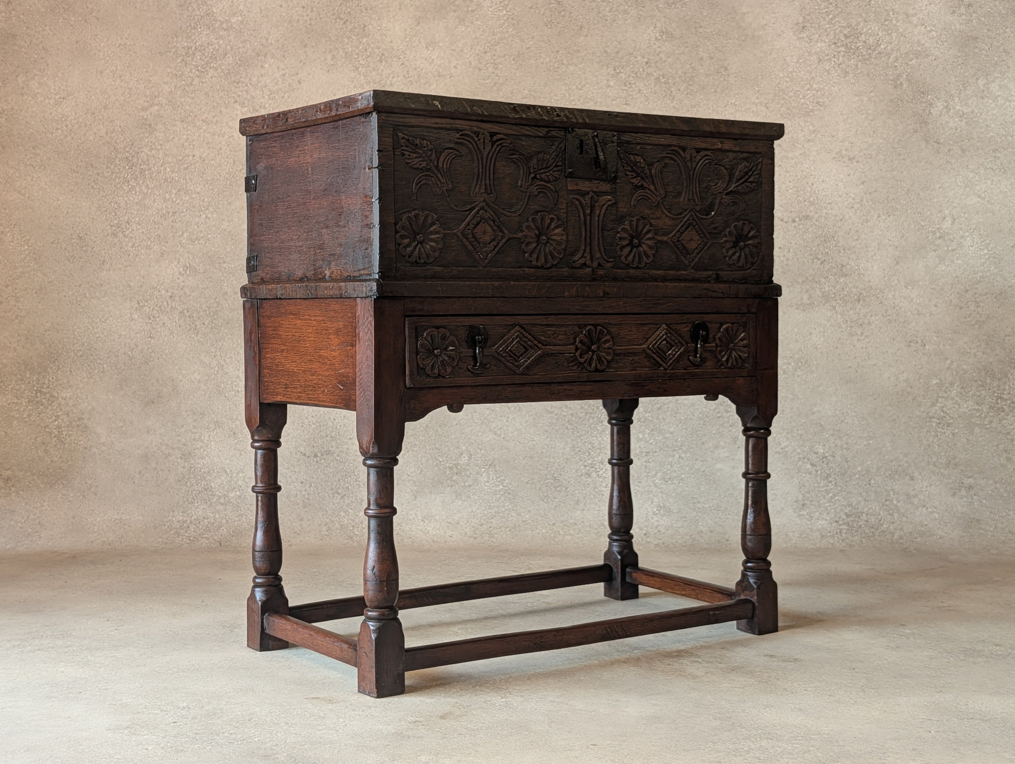 Antique Carved Oak Jacobean Revival / 17th Century Style Bible Box On Stand