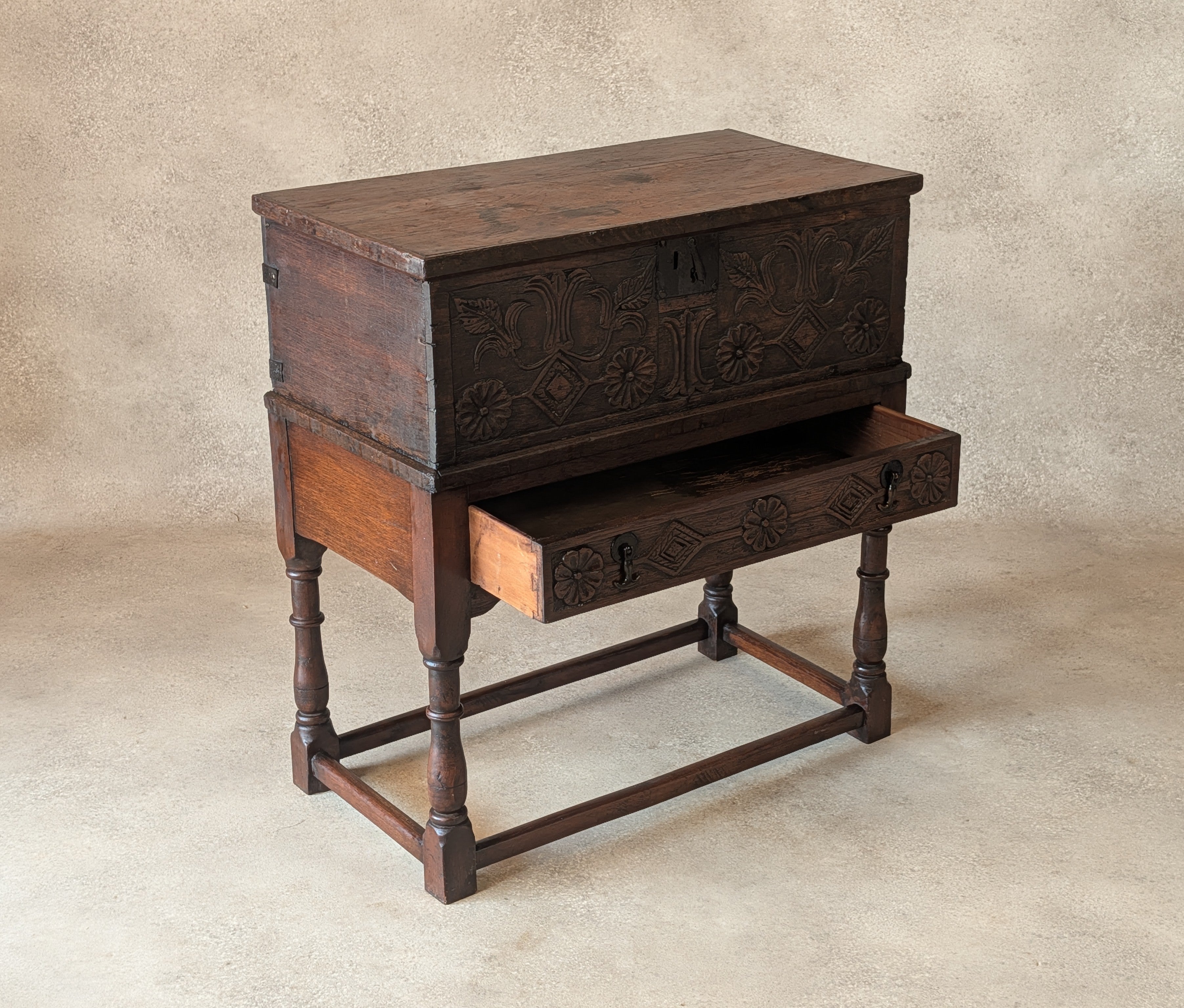 Antique Carved Oak Jacobean Revival / 17th Century Style Bible Box On Stand