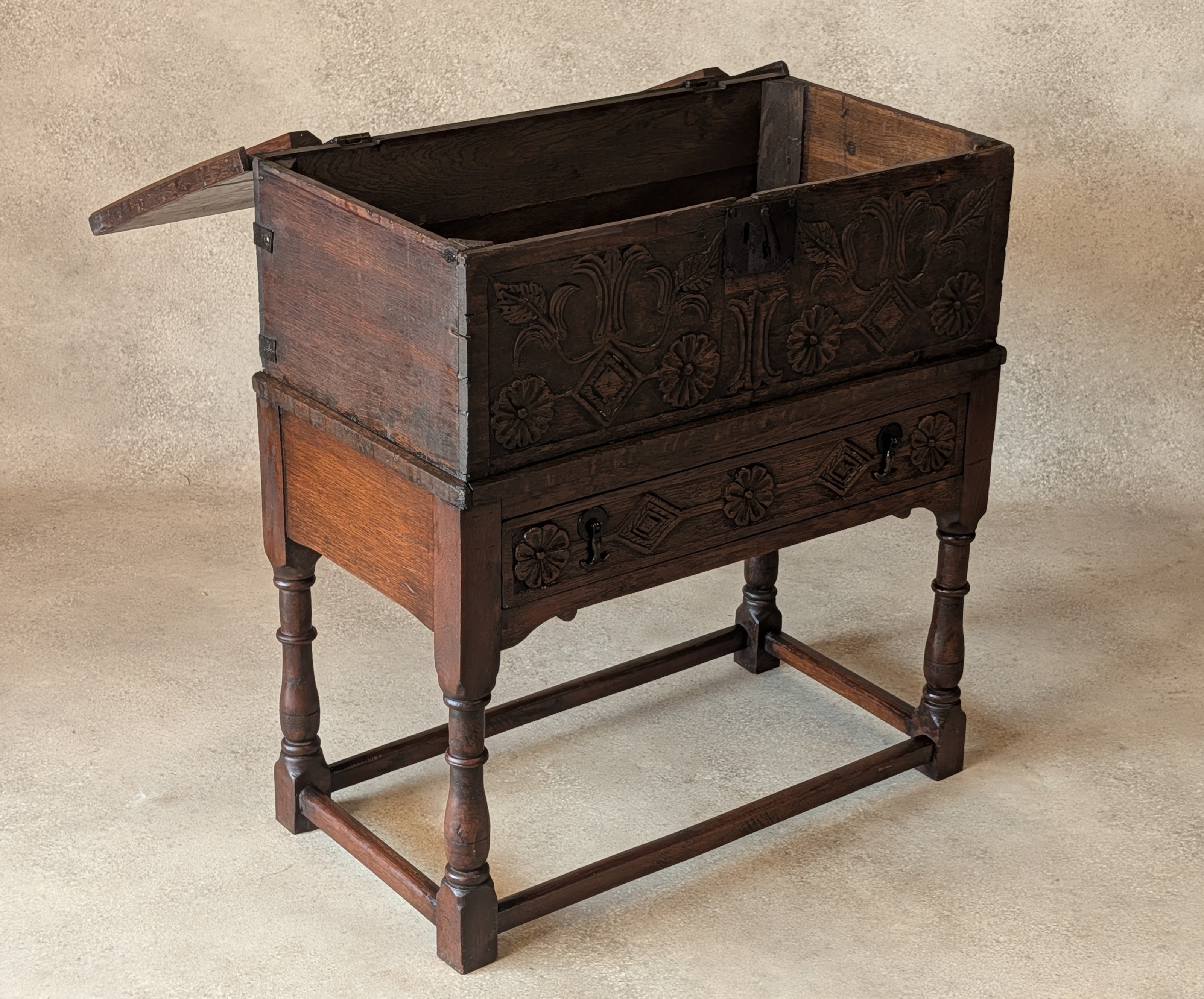 Antique Carved Oak Jacobean Revival / 17th Century Style Bible Box On Stand