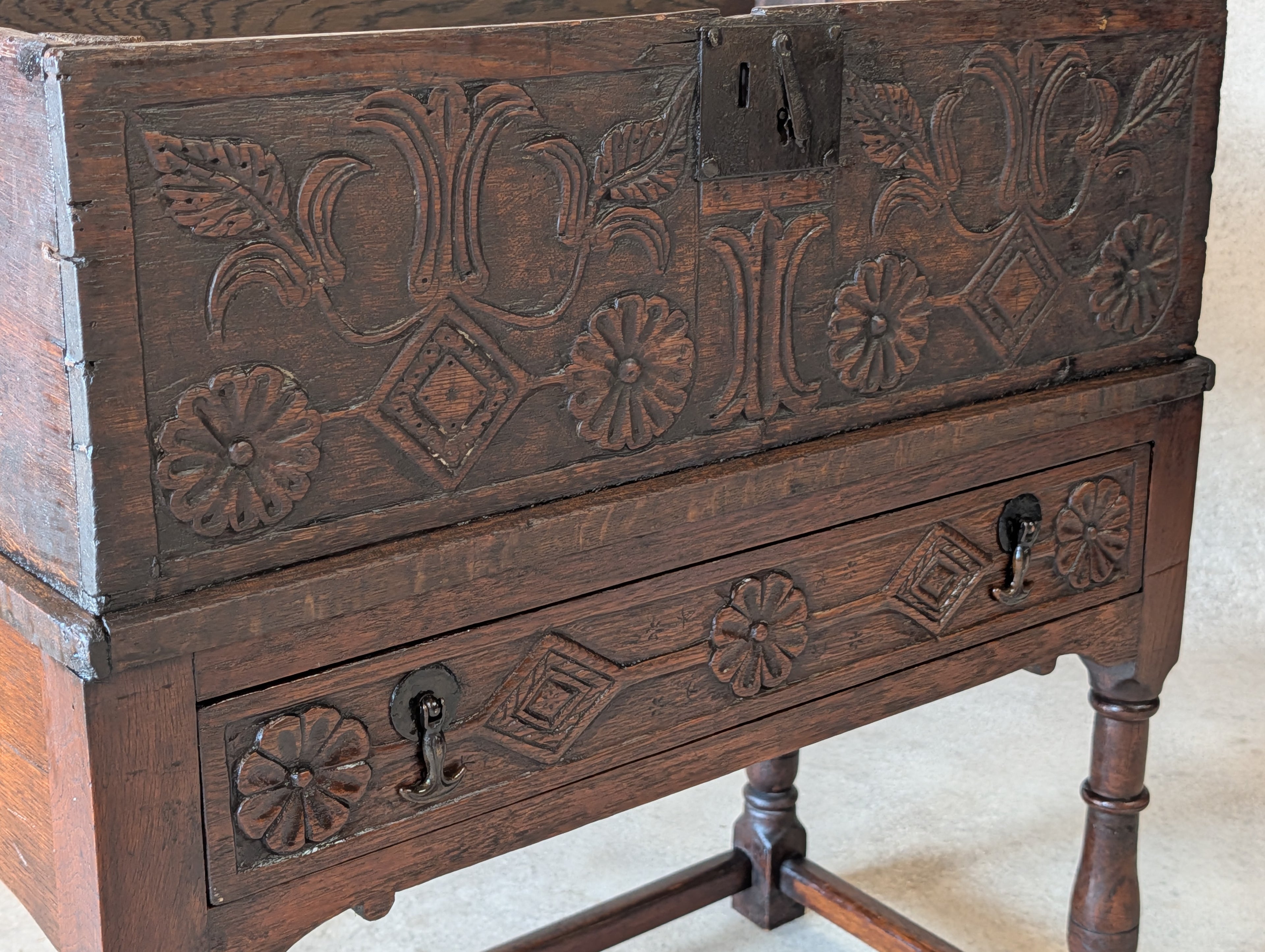 Antique Carved Oak Jacobean Revival / 17th Century Style Bible Box On Stand