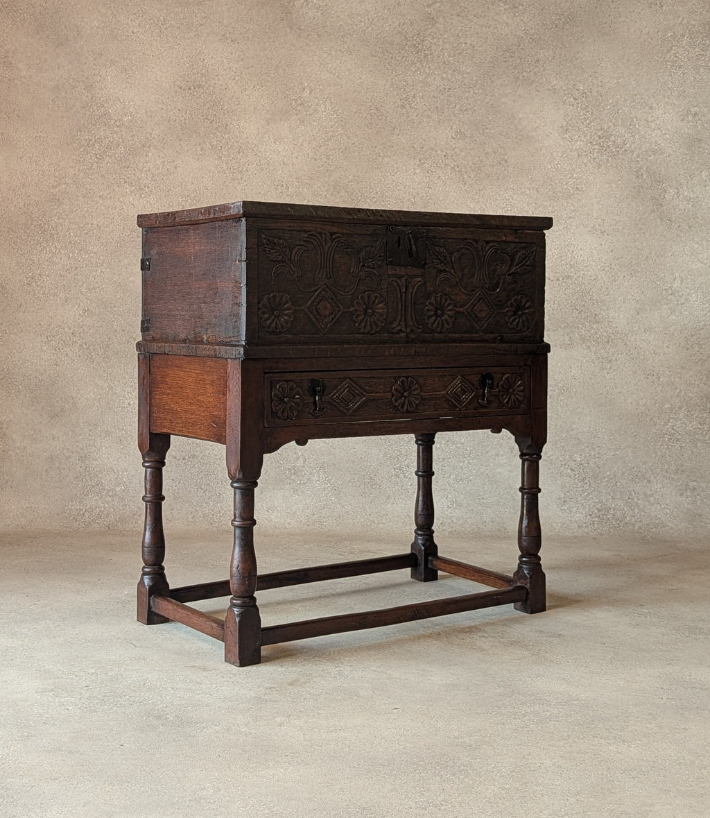 Antique Carved Oak Jacobean Revival / 17th Century Style Bible Box On Stand