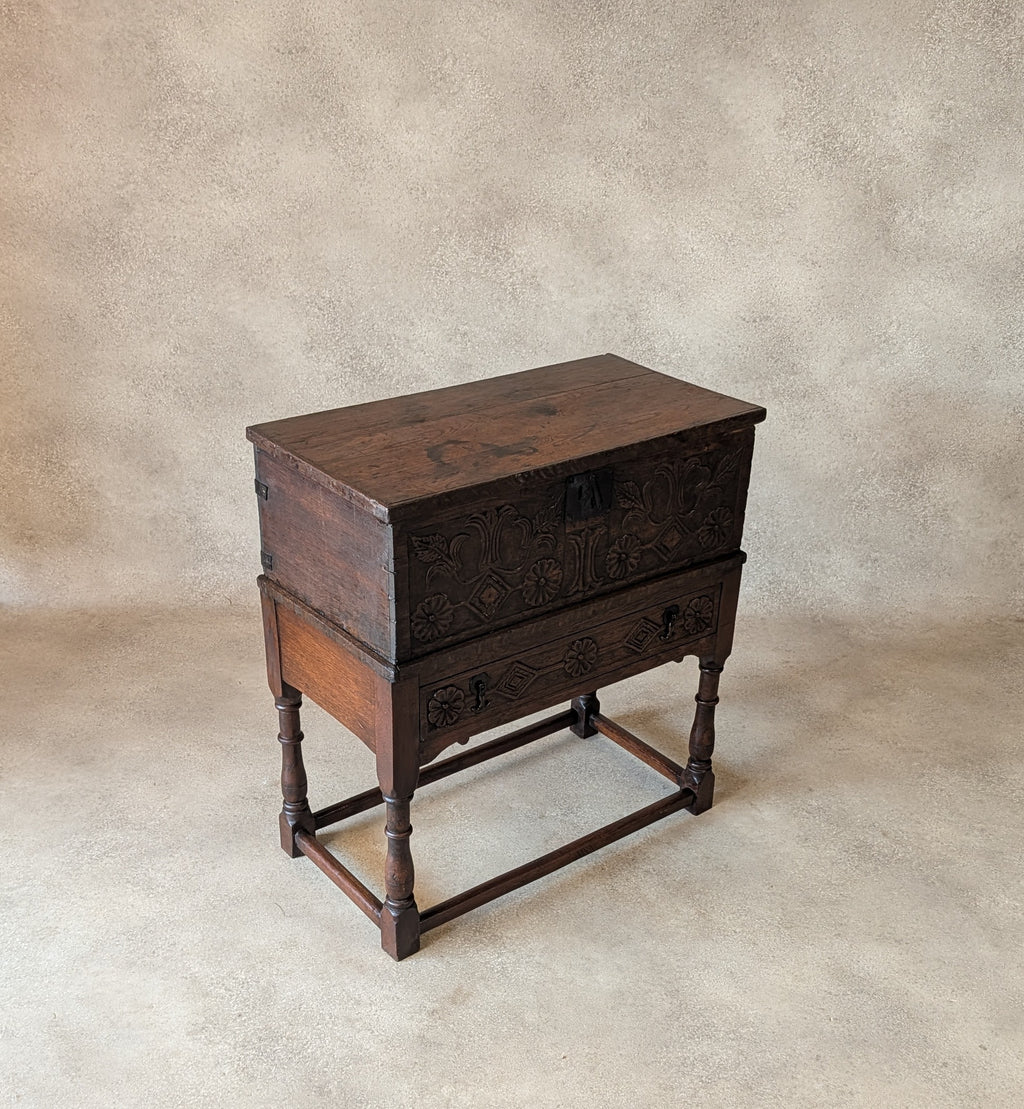 Antique Carved Oak Jacobean Revival / 17th Century Style Bible Box On Stand