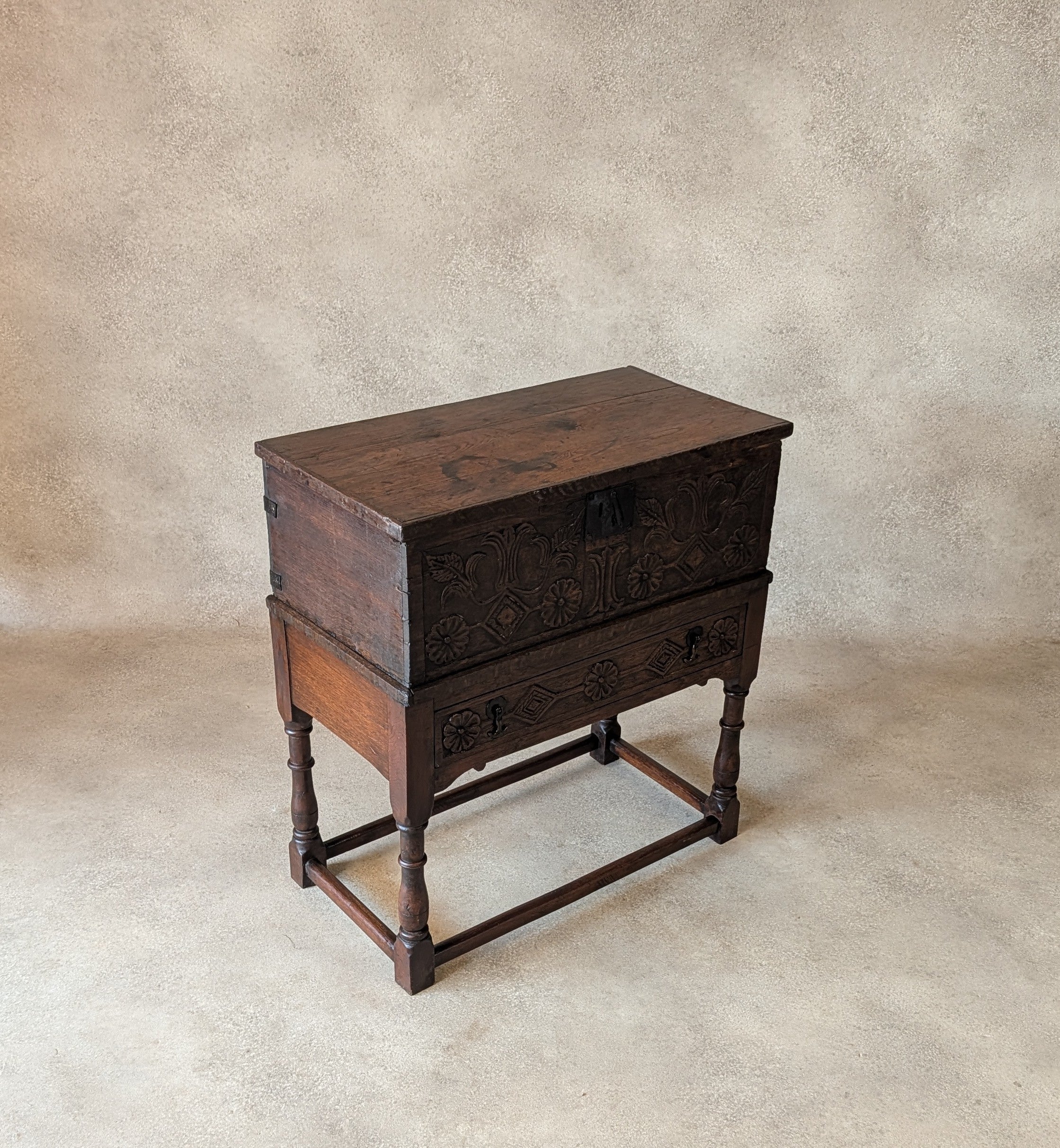 Antique Carved Oak Jacobean Revival / 17th Century Style Bible Box On Stand