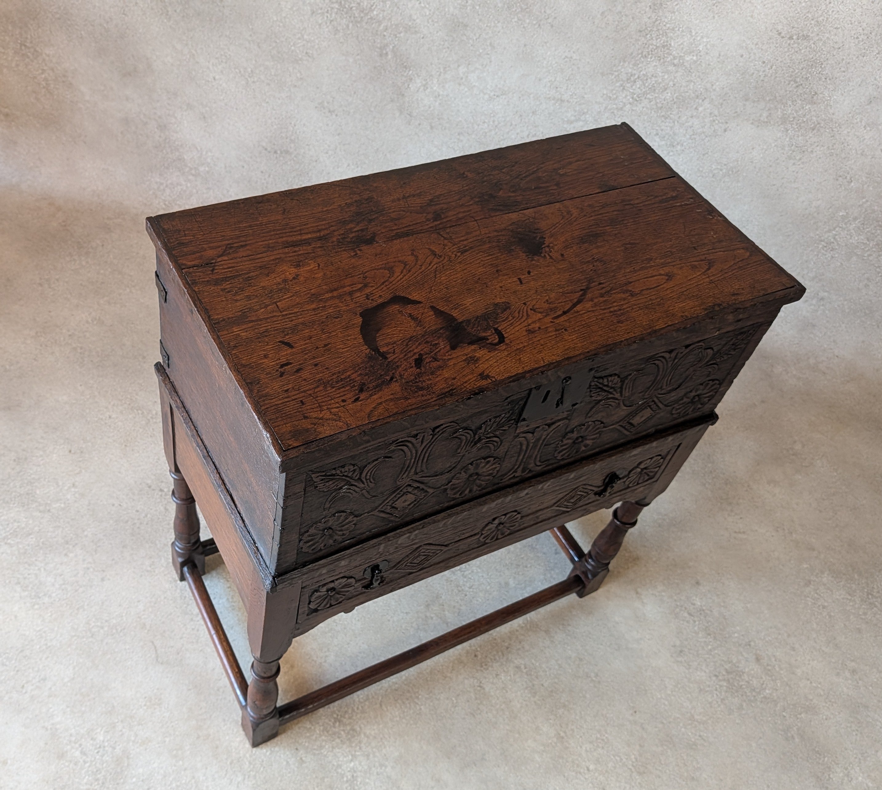 Antique Carved Oak Jacobean Revival / 17th Century Style Bible Box On Stand