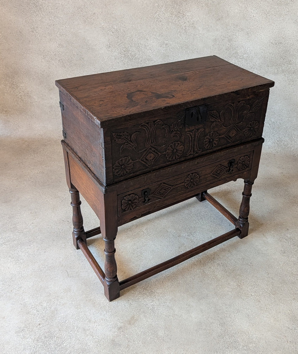 Antique Carved Oak Jacobean Revival / 17th Century Style Bible Box On Stand