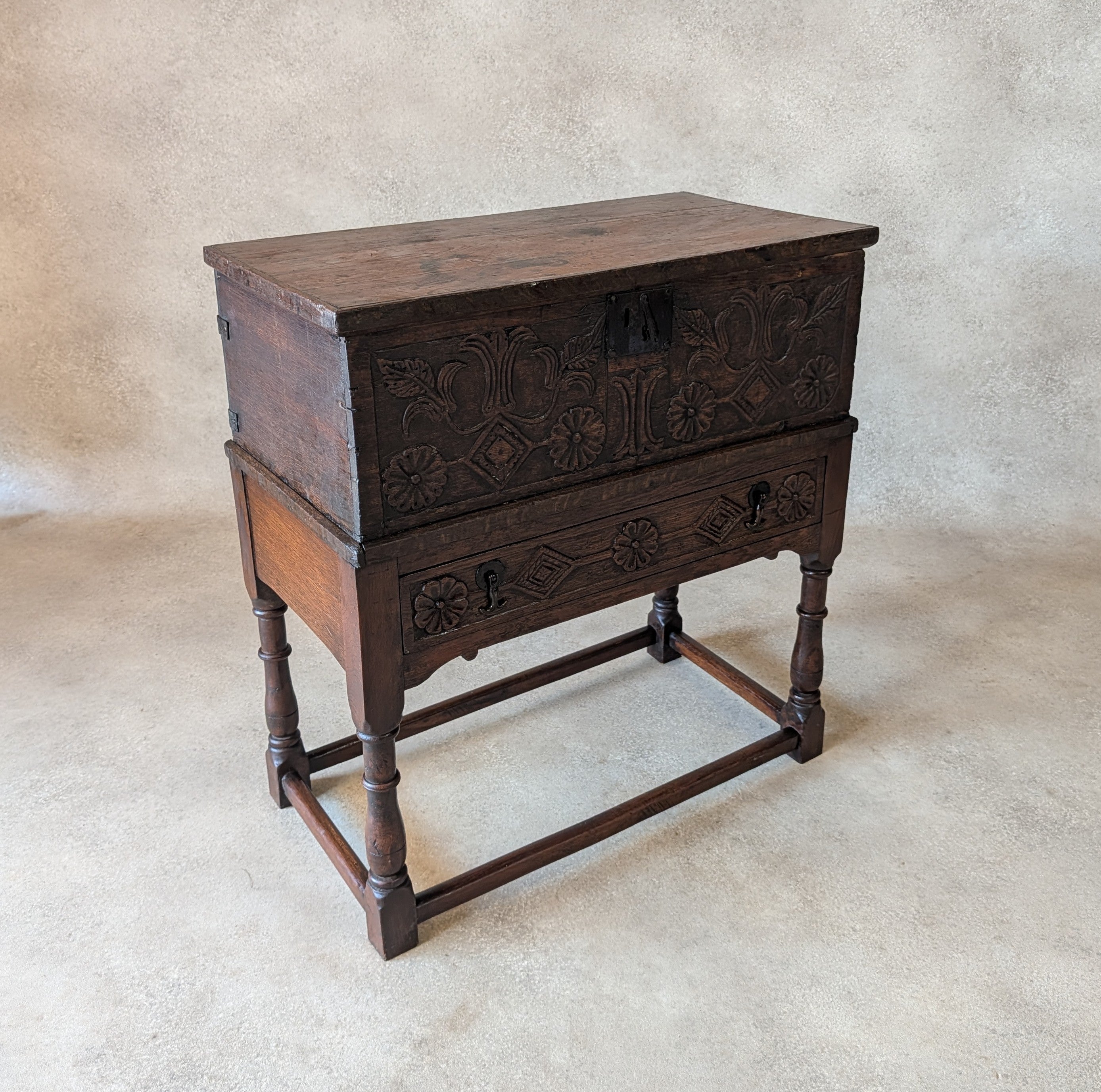 Antique Carved Oak Jacobean Revival / 17th Century Style Bible Box On Stand