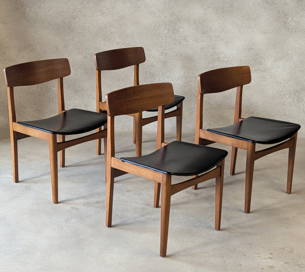 Set Of 4 Mid Century Curved Back Dining Chairs With Black Vinyl Seat -1960s