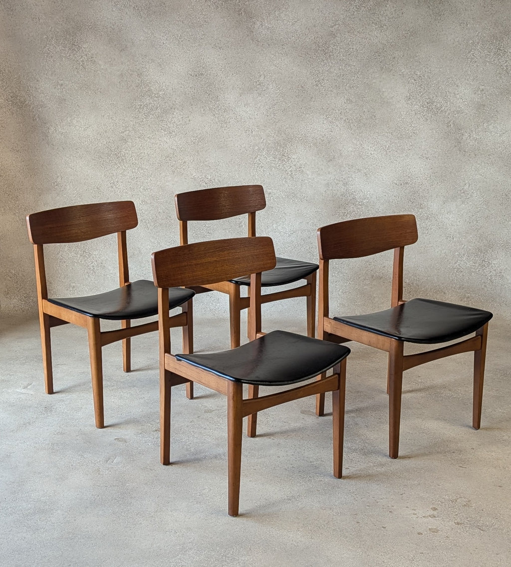 Set Of 4 Mid Century Curved Back Dining Chairs With Black Vinyl Seat -1960s