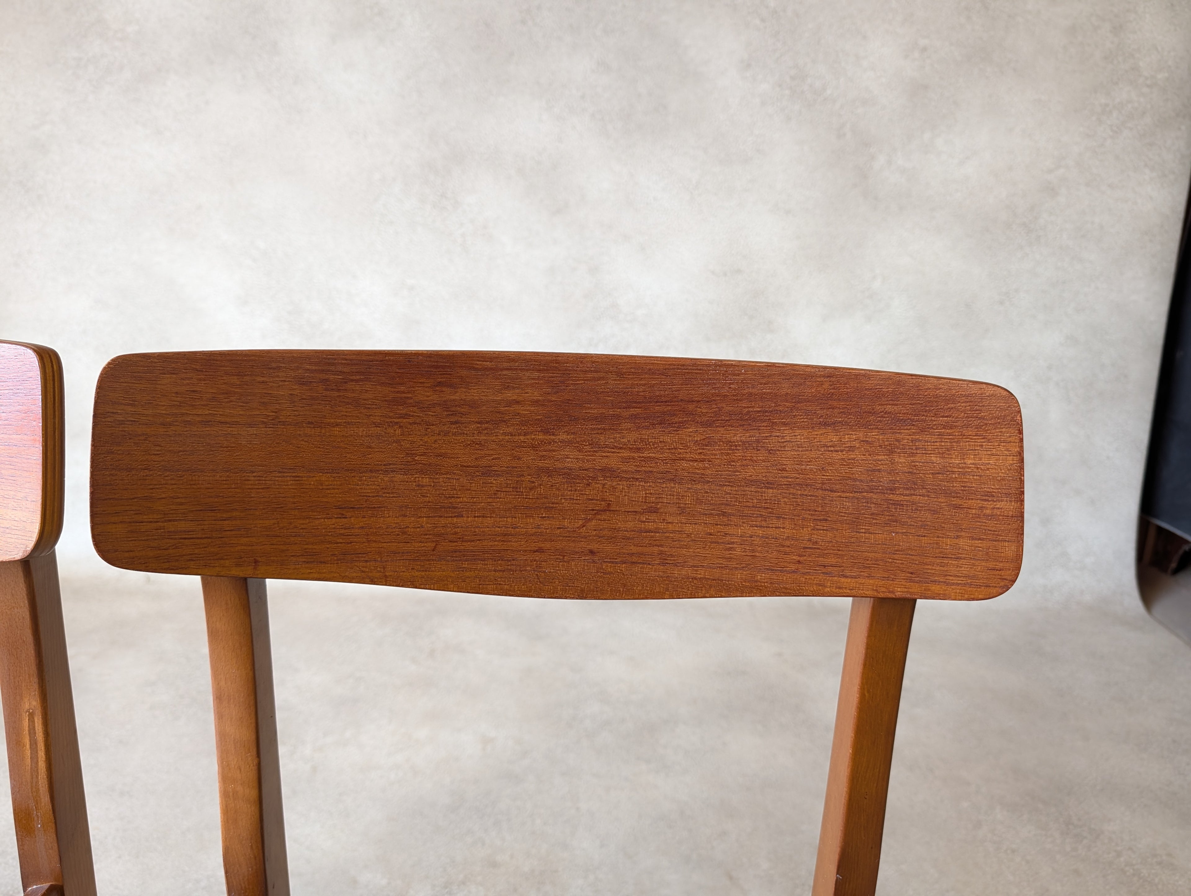 Set Of 4 Mid Century Curved Back Dining Chairs With Black Vinyl Seat -1960s